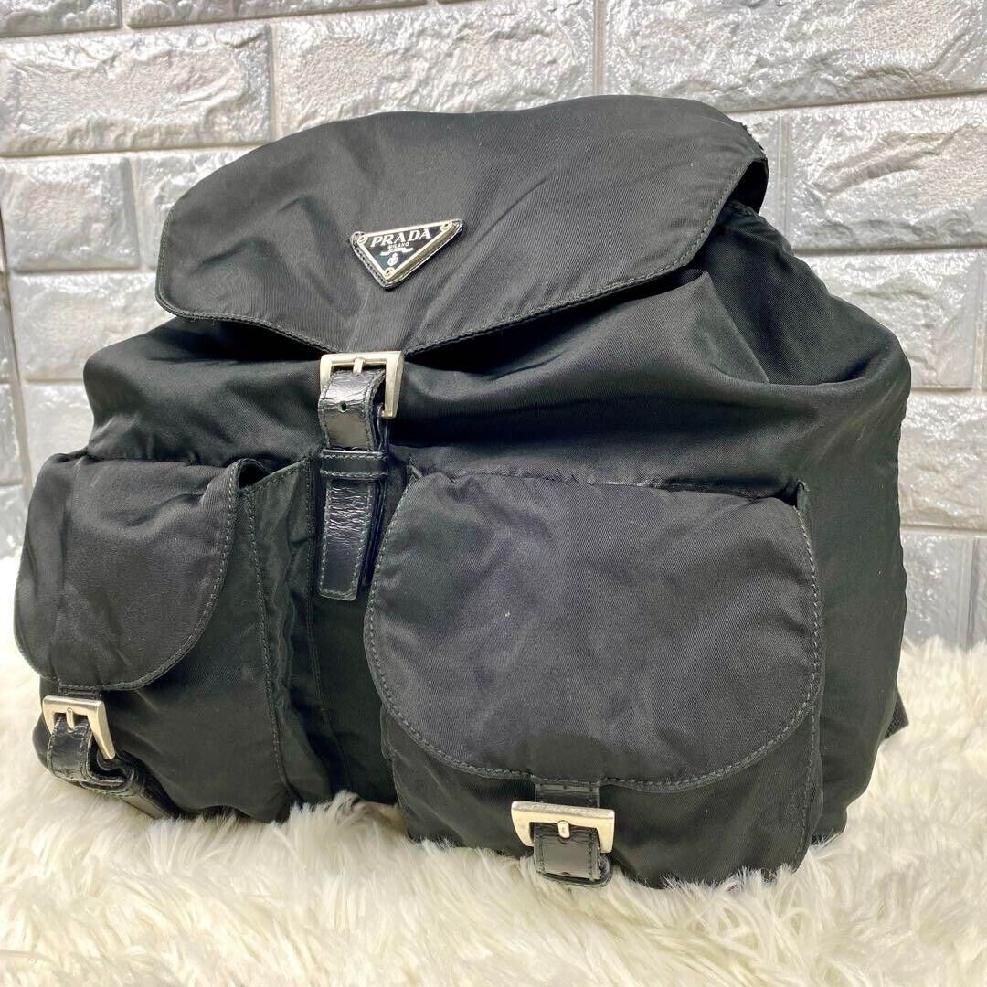 Authent PRADA Logos Backpack Black Silver Bag Nylon Italy Vintage
