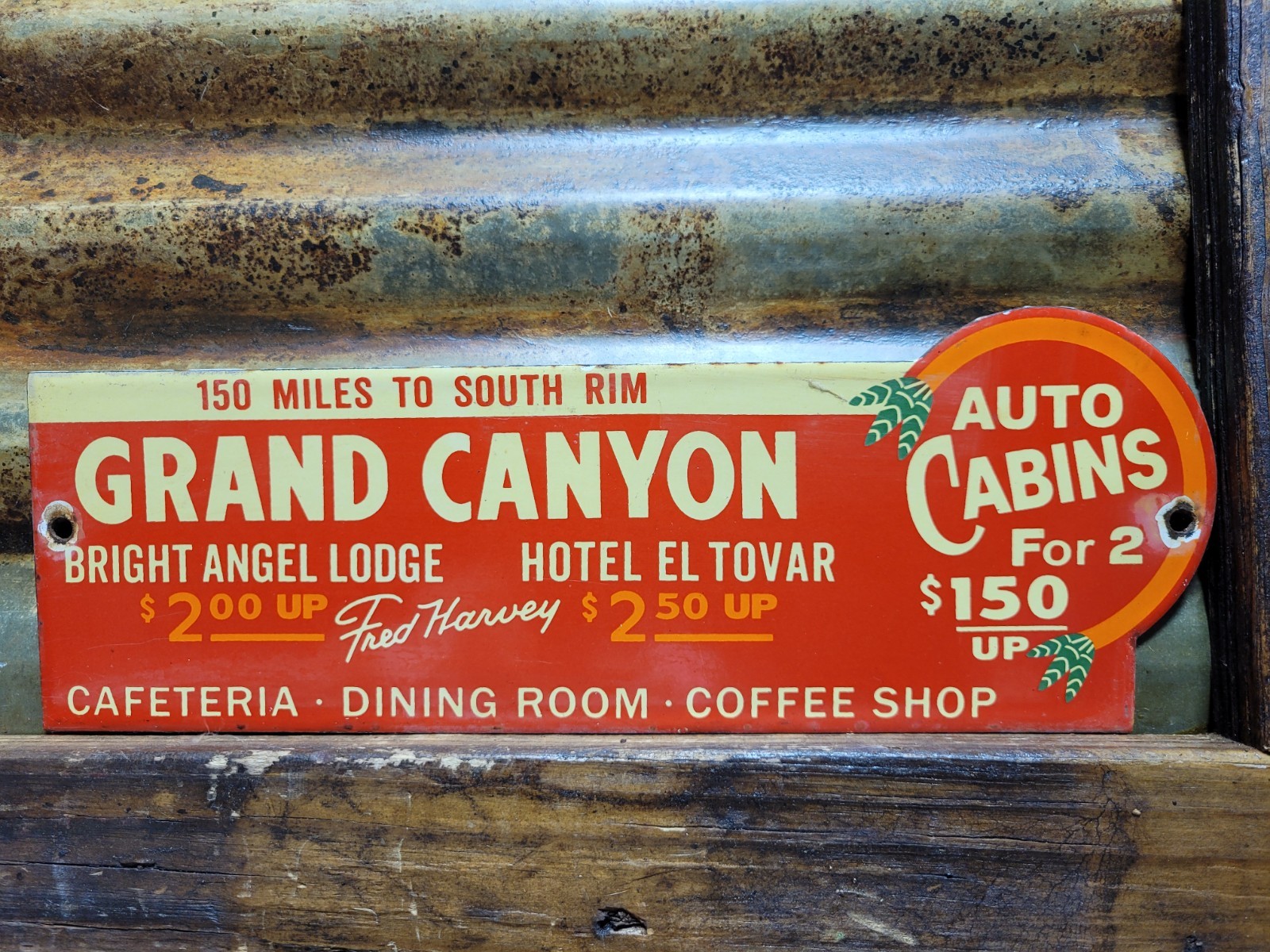VINTAGE GRAND CANYON PORCELAIN SIGN OLD LODGE HOTEL AUTO CABIN COFFEE SHOP PARK