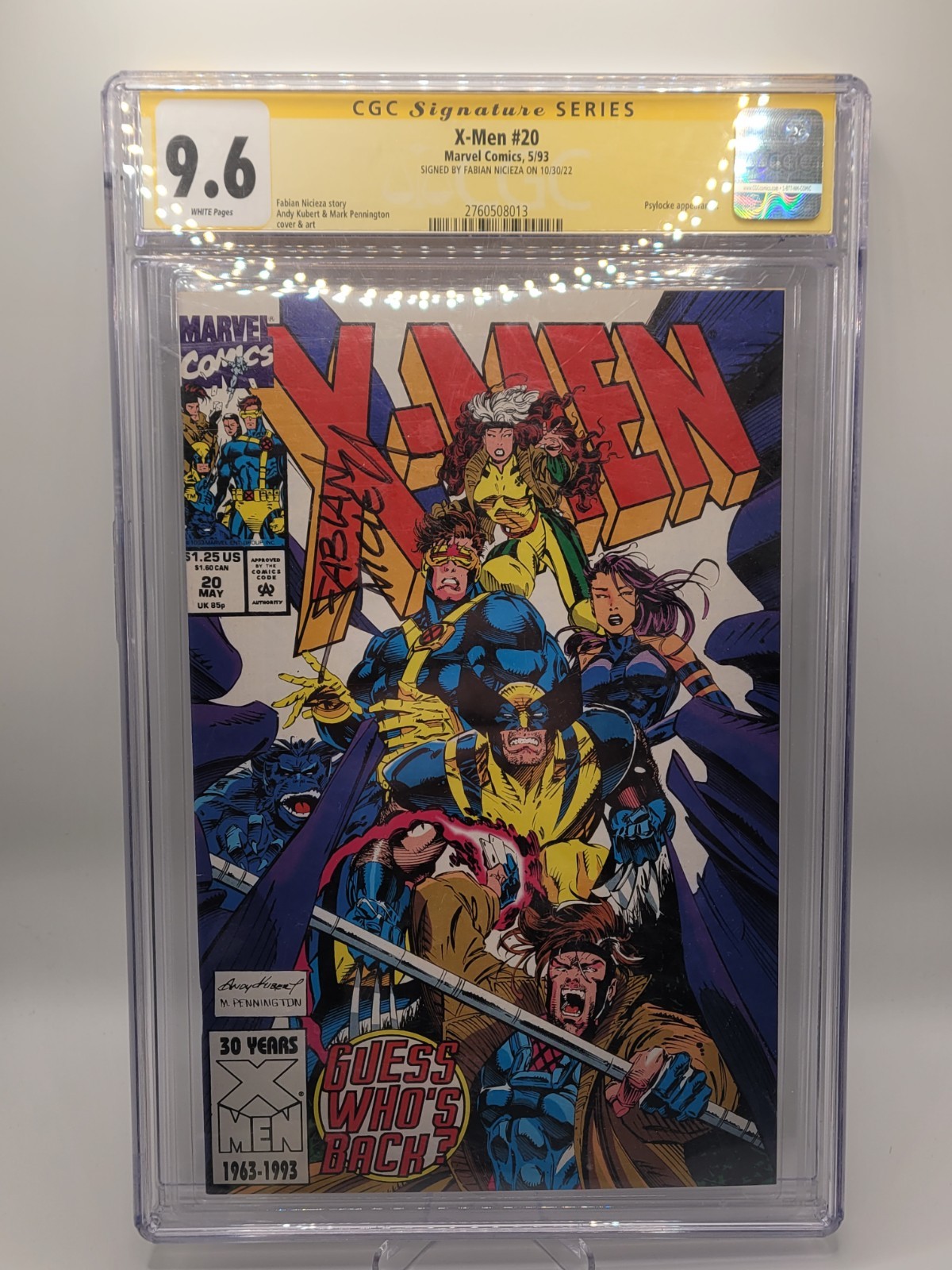 X-Men #20 CGC 9.6 Yellow Label Fabian Nicieza Signed Marvel Psylocke Debut 1993 