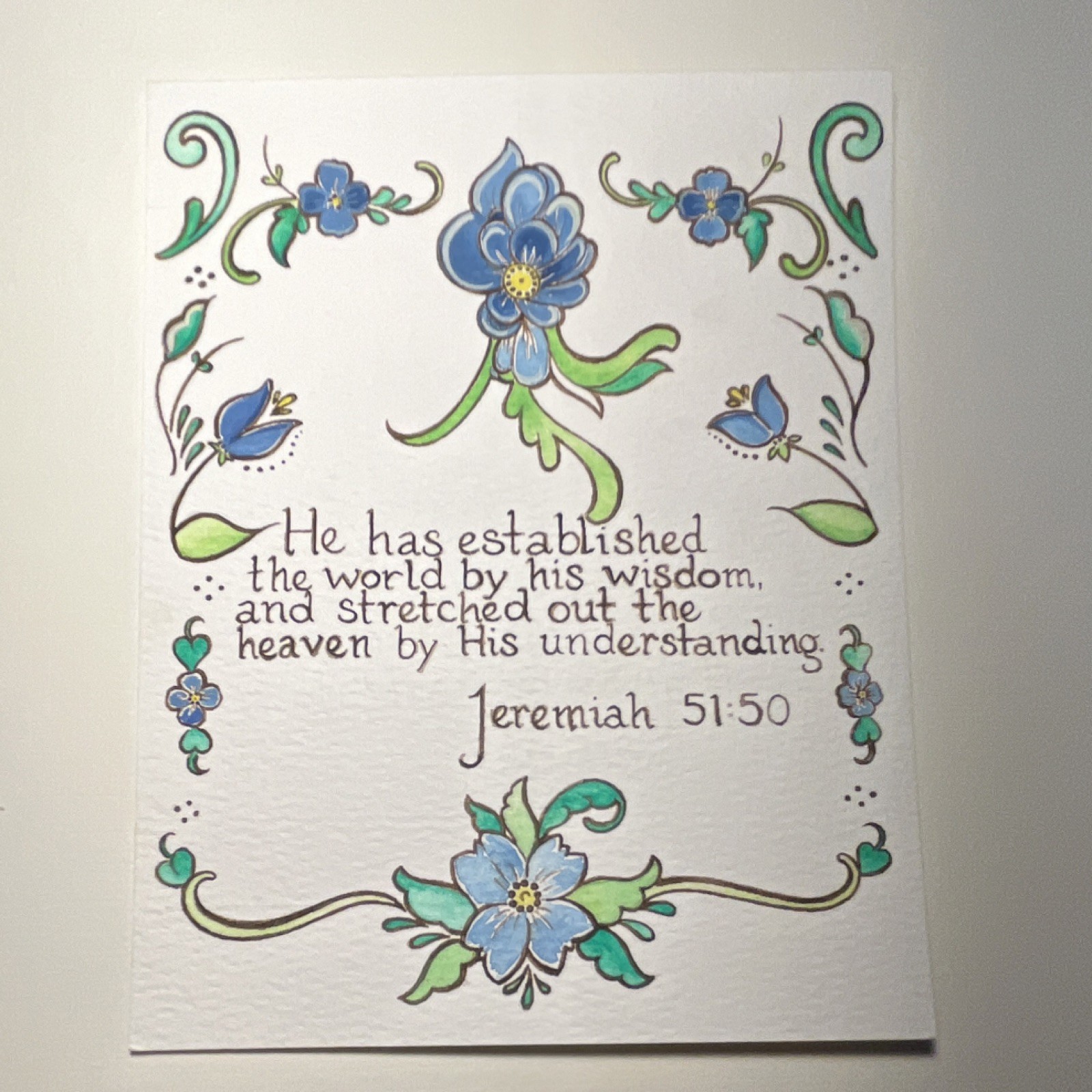 Vintage folk art styled, hand painted Bible Verse Jeremiah 51:50 Blue Floral 