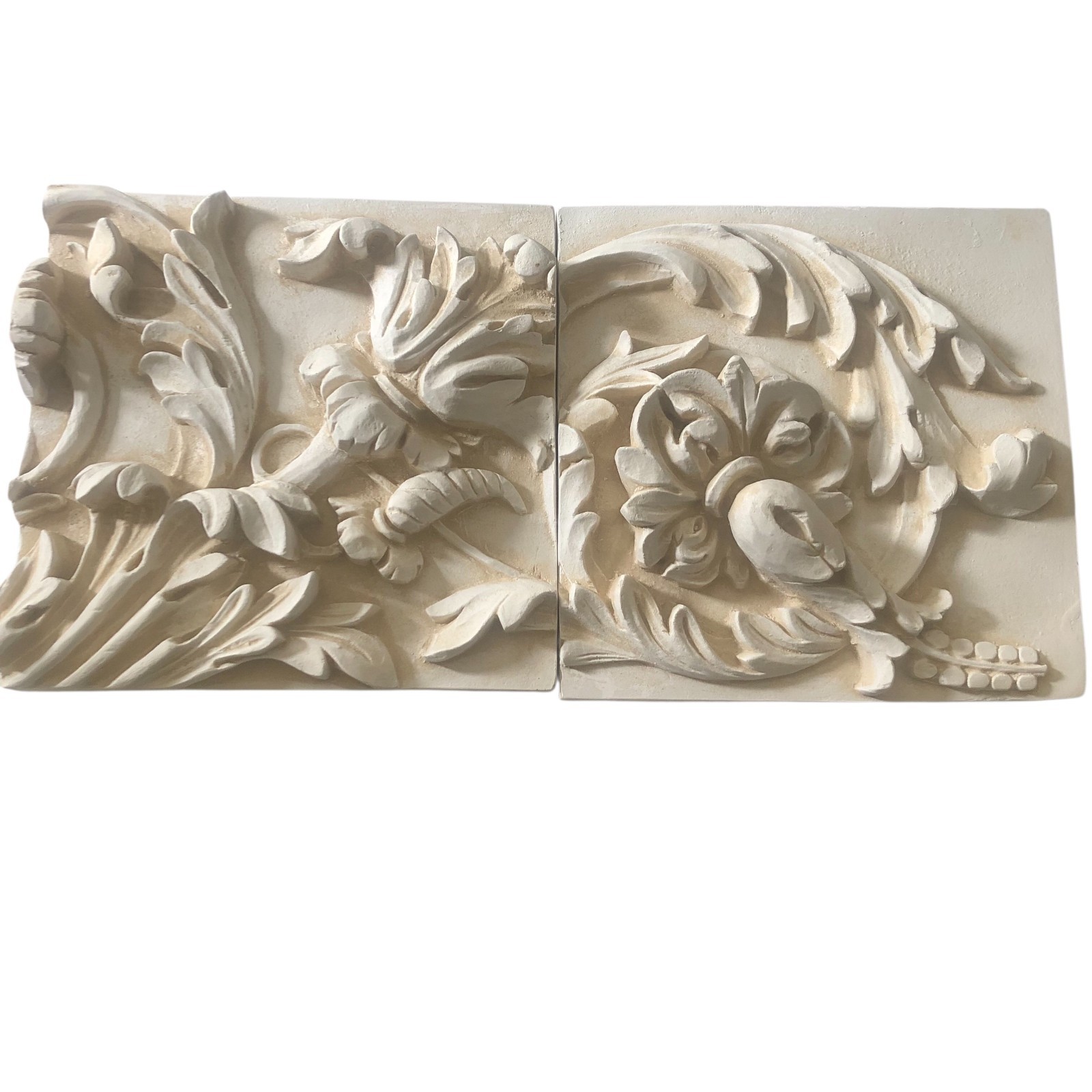Set 2 VNTG Heavy Hand-cast Plaster Architectural Relief Plaques Acanthus Foliage