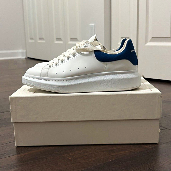 Alexander McQueen Oversized White/Blue Leather Sneakers Blue Heel Lace-Up EU 43