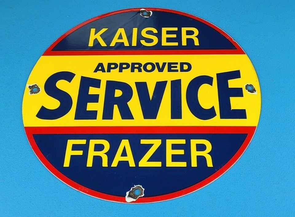 VINTAGE KAISER FRAZER PORCELAIN AMERICAN GAS AUTOMOBILE SERVICE DEALER SIGN