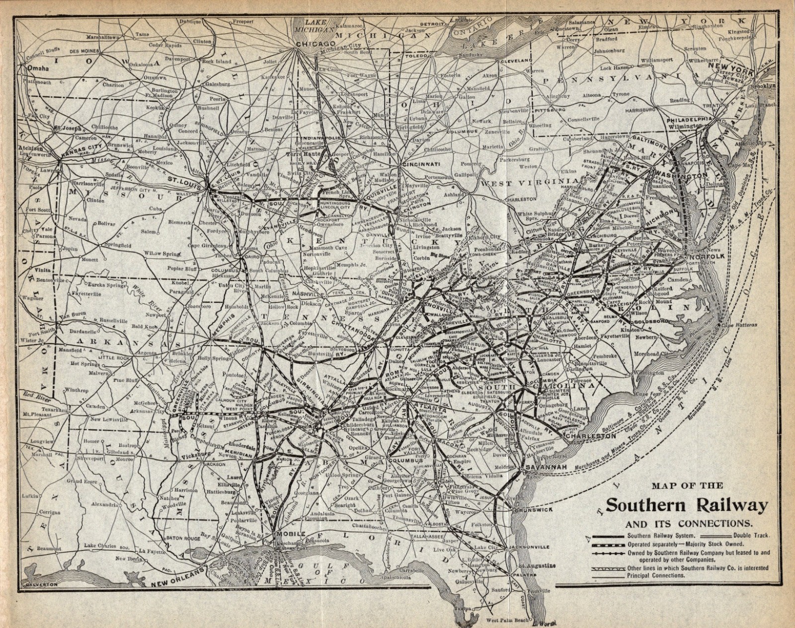 1917 Antique Southern Railway System Map Vintage Southern Railroad Map 3216