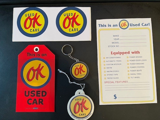 OK  Used Car Set, keychain,hang tag,decals air freshener ,& price option sheet
