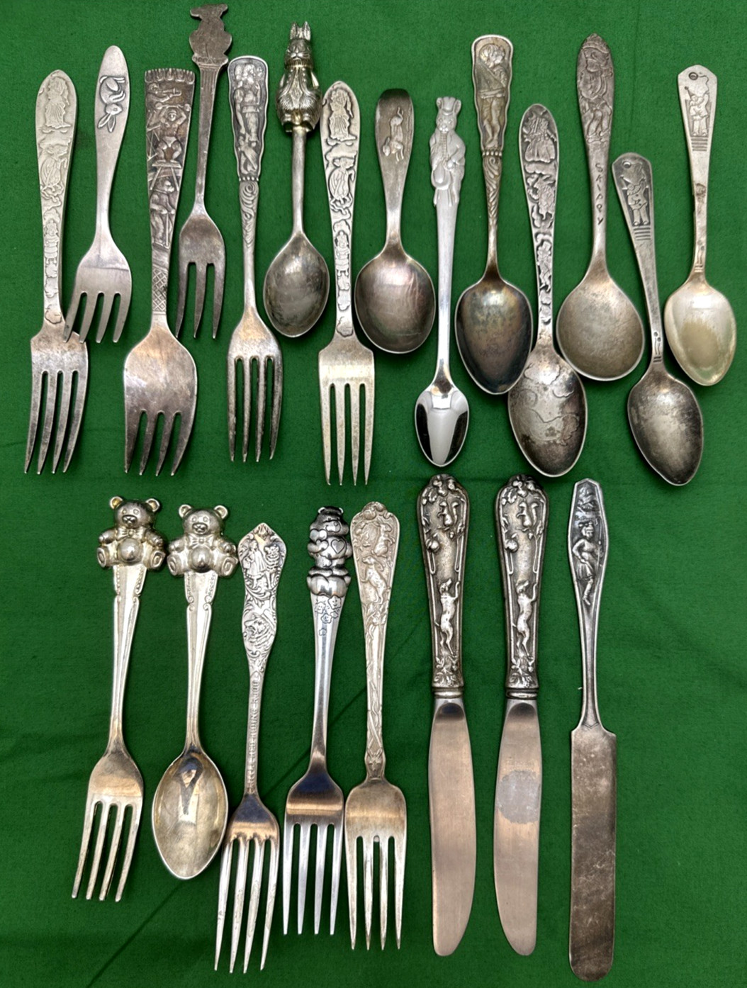 22Pc FIGURAL CHILD / BABY SPOON & FORKS Mickey Mouse Rabbit Dog & Squirrel More