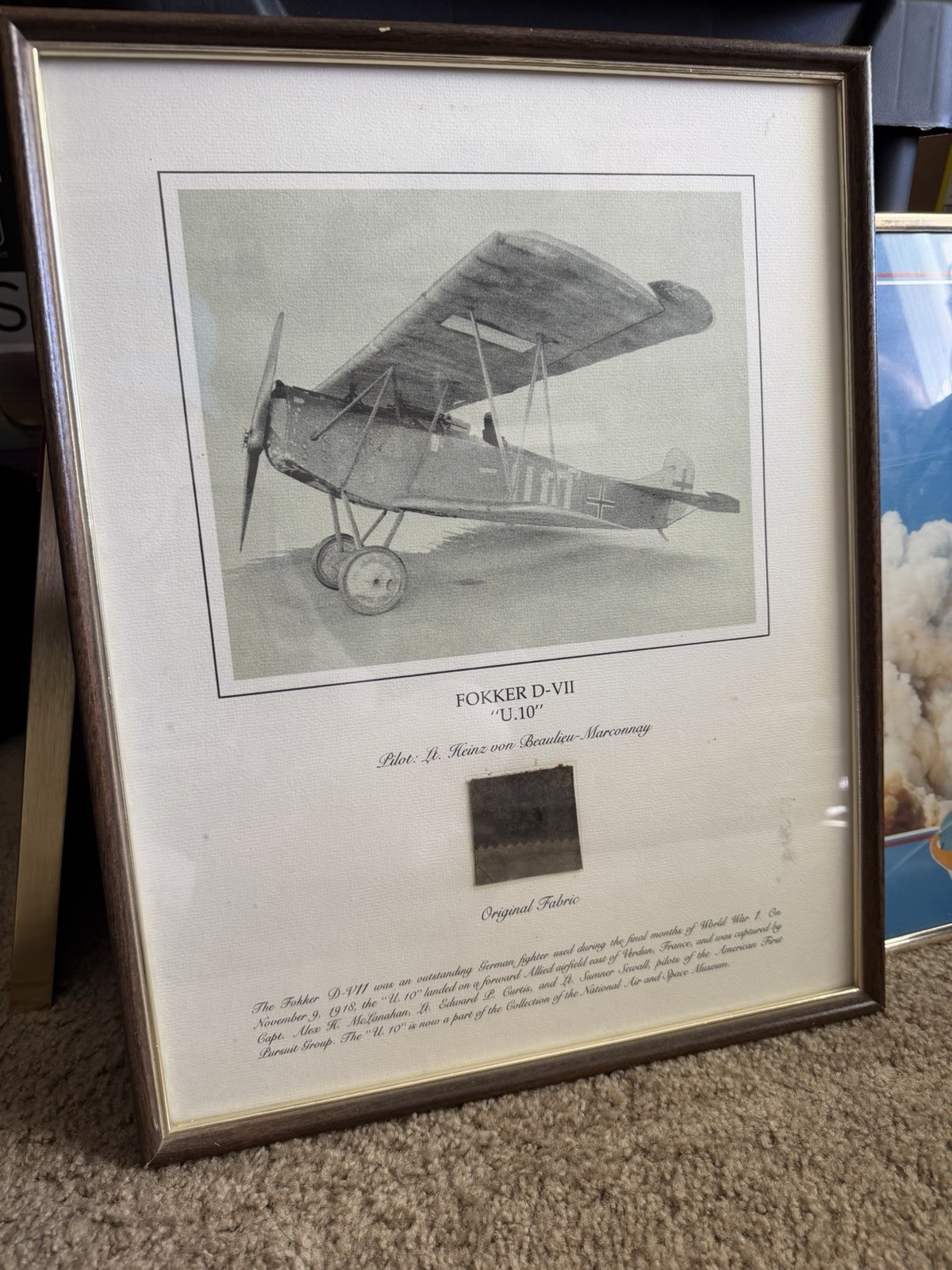 11-9-1918 U.10 Fokker D-VII Airplane Wing Fabric Historic Smithsonian Relic