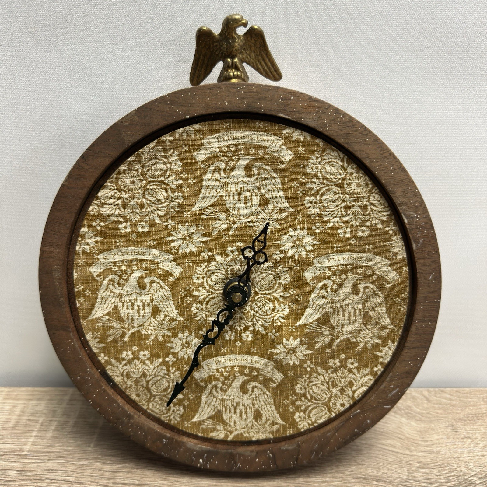 Vintage West Germany Eagle Wall Clock Wood Americana E Pluribus Unum Fabric Dial