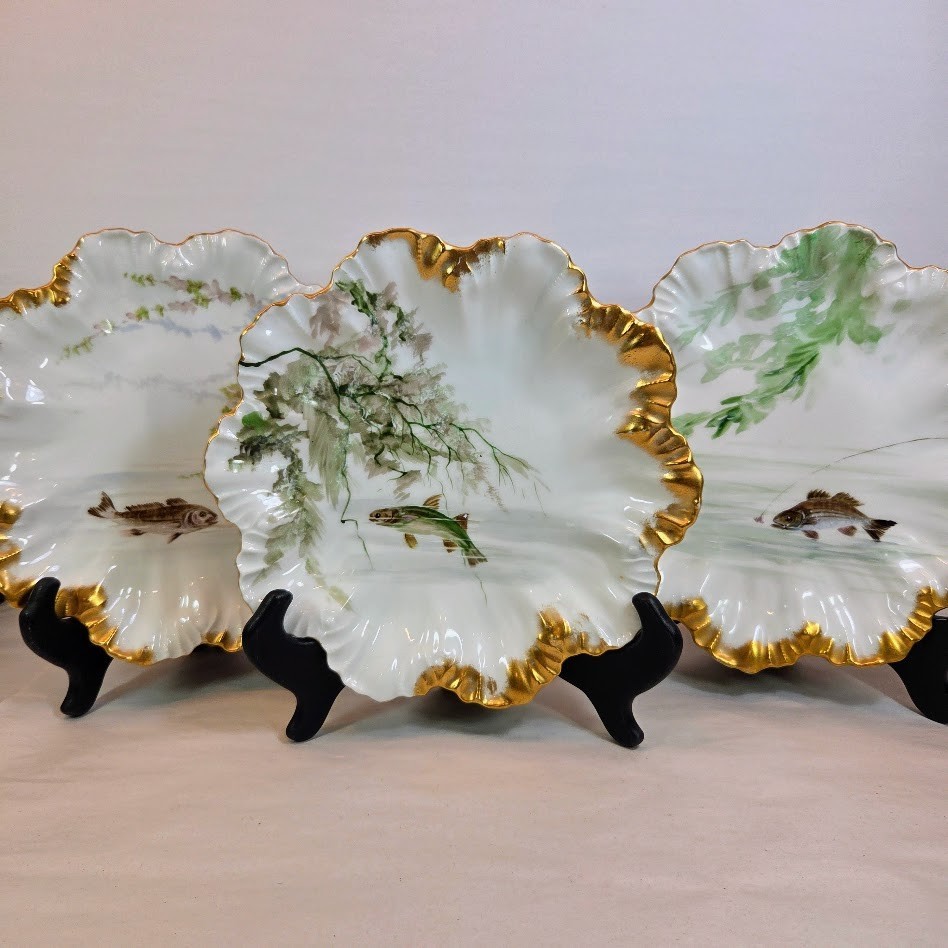 Limoges France A Lanternier Set of 3 Antique Porcelain Fish Plates Gold Gilt
