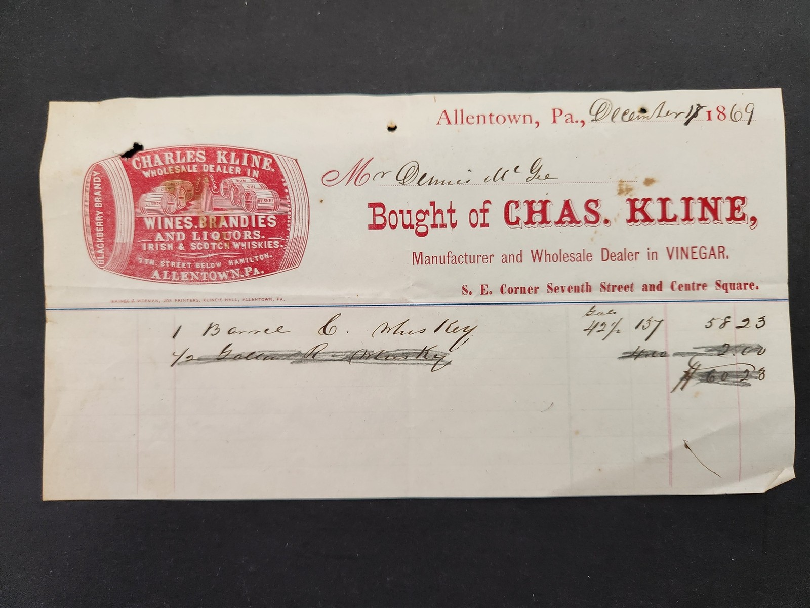 1869 antique CHAS KLINE allentown pa WINE BRANDY LIQUOR WHISKEY VINEGAR invoice