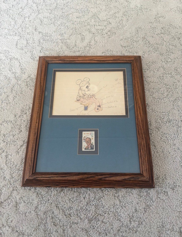 Vintage Framed Disney Mickey Mouse Sketch & 6 Cent Walt Disney USA Stamp
