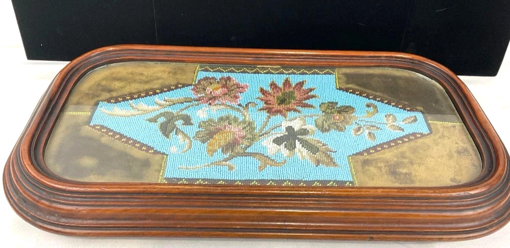 Fine Antique Victorian Beaded Silk Tea Serving Tray Caddy 1850-1880