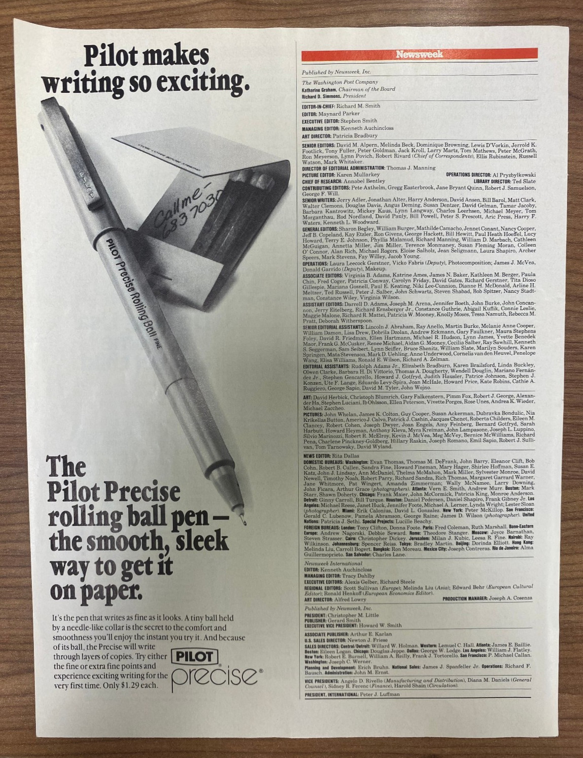 Pilot Precise Pen Vintage 1987 Newsweek Magazine Ad