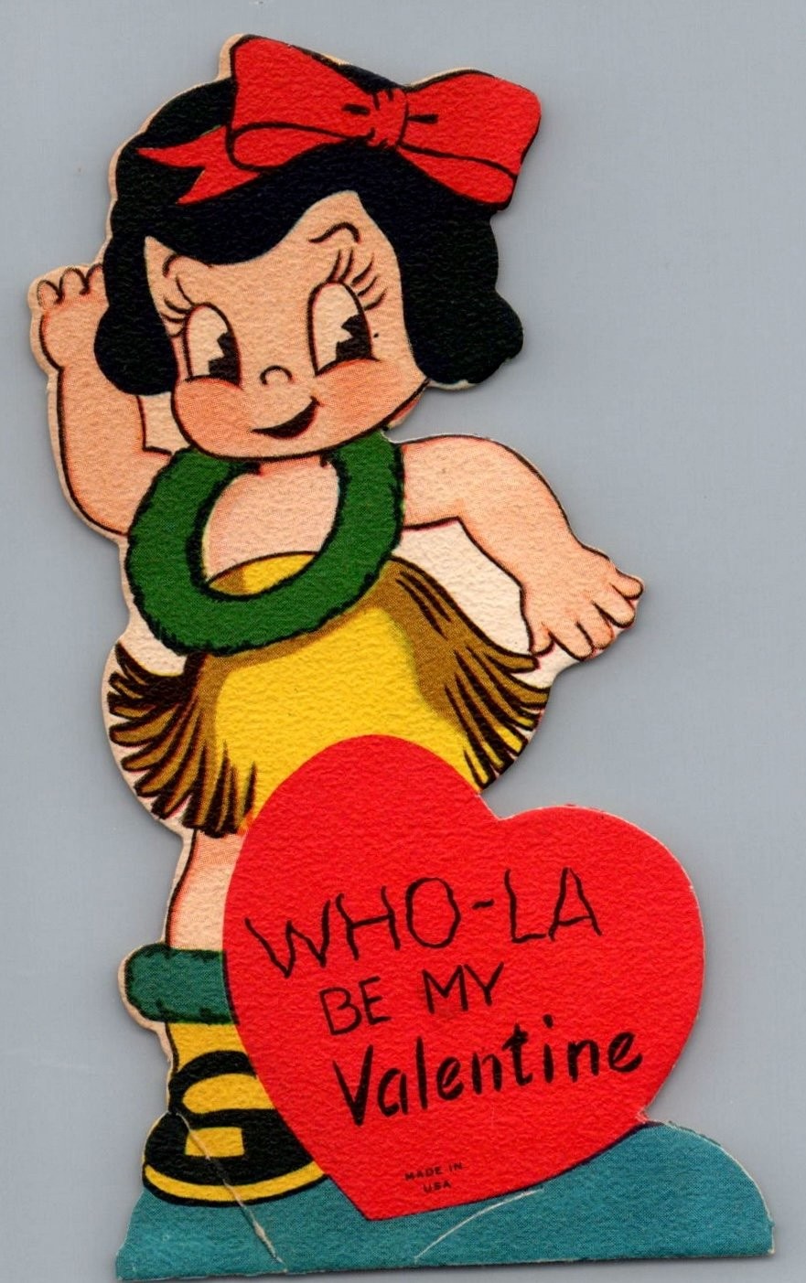 Vintage Who-la BE MY Valentine Hula Girl Die-Cut Greeting Card - Used