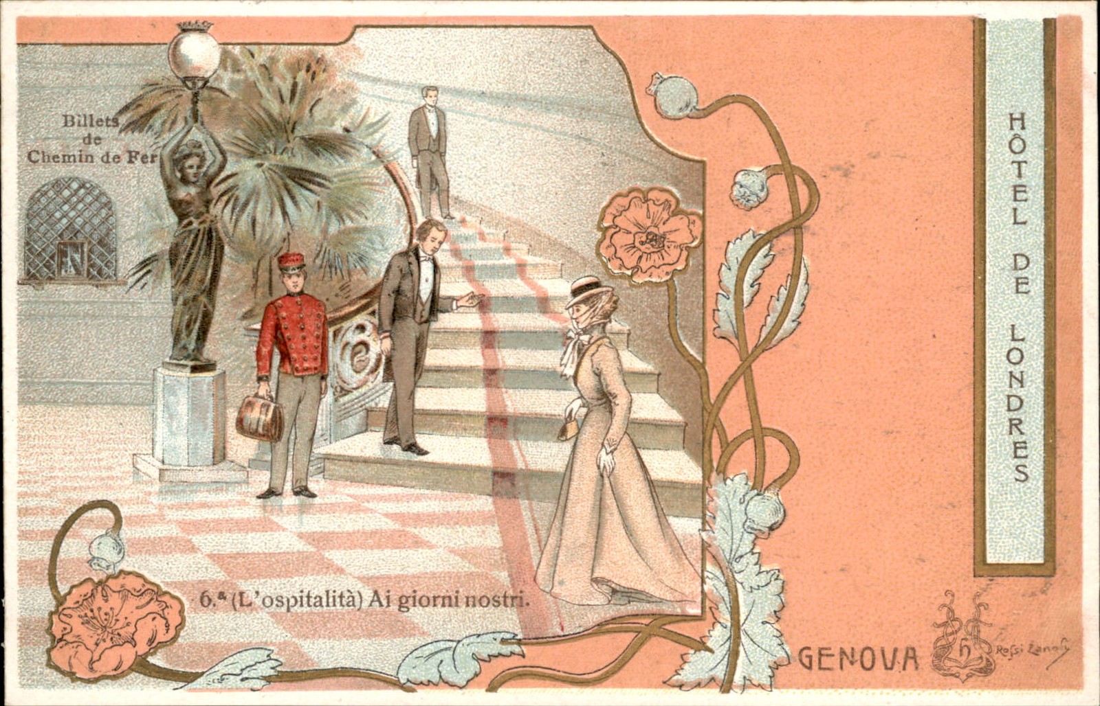 Genova Hotel de Londres BEAUTIFU L FLORAL MOTIF ART NOUVEAU  c1900 Postcard bhn