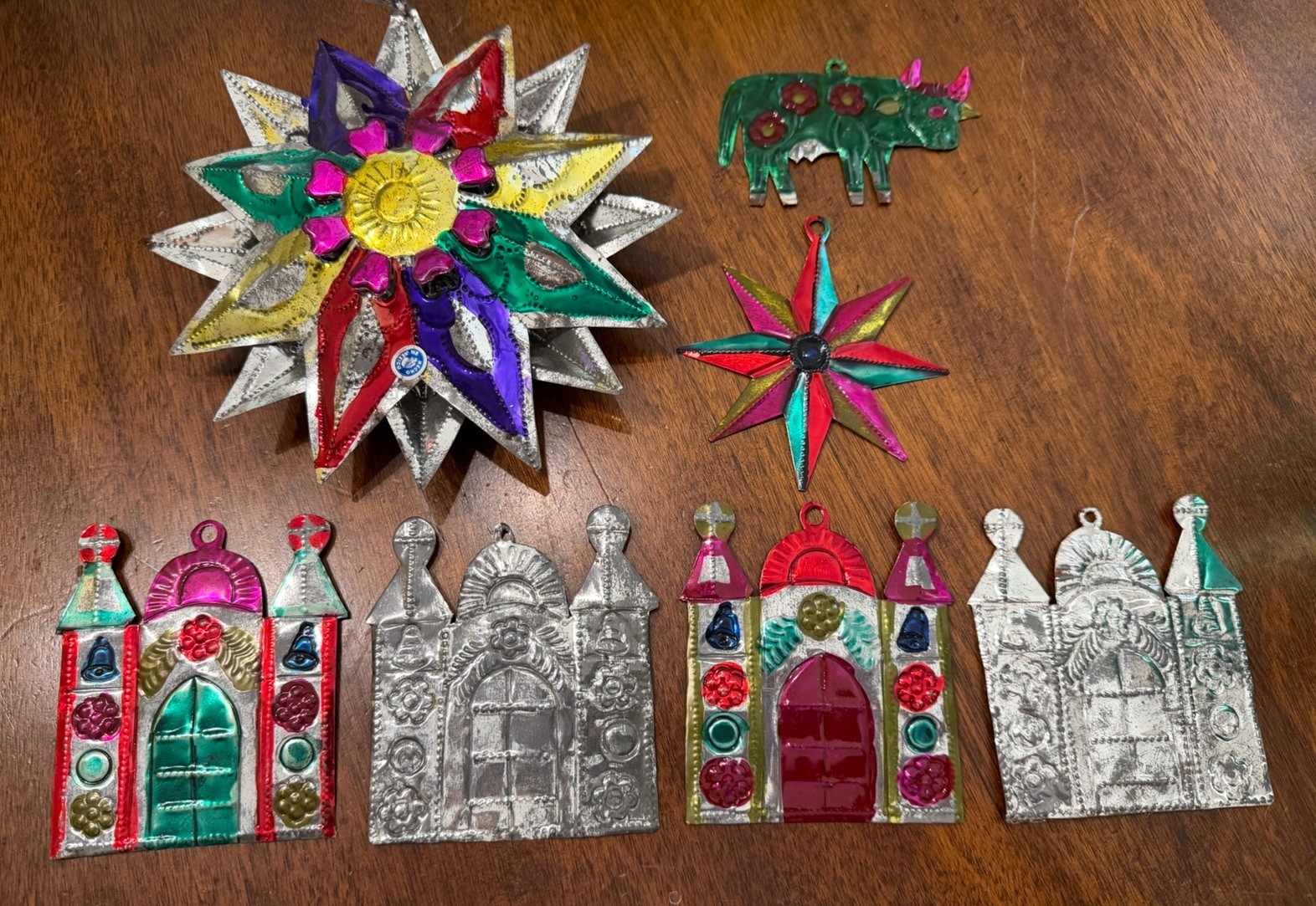 Vintage Mexican Folk Art Punched Tin Christmas Ornaments Star/Churches/Cow 