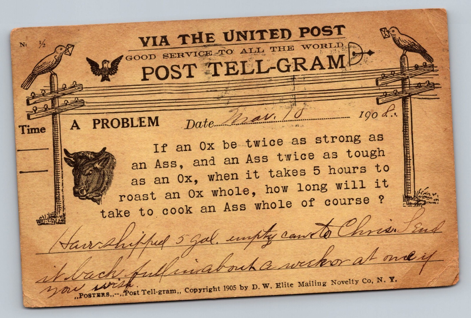 1908 Via The United Post Tell-Gram Vintage Private Mailing Card New York NY 