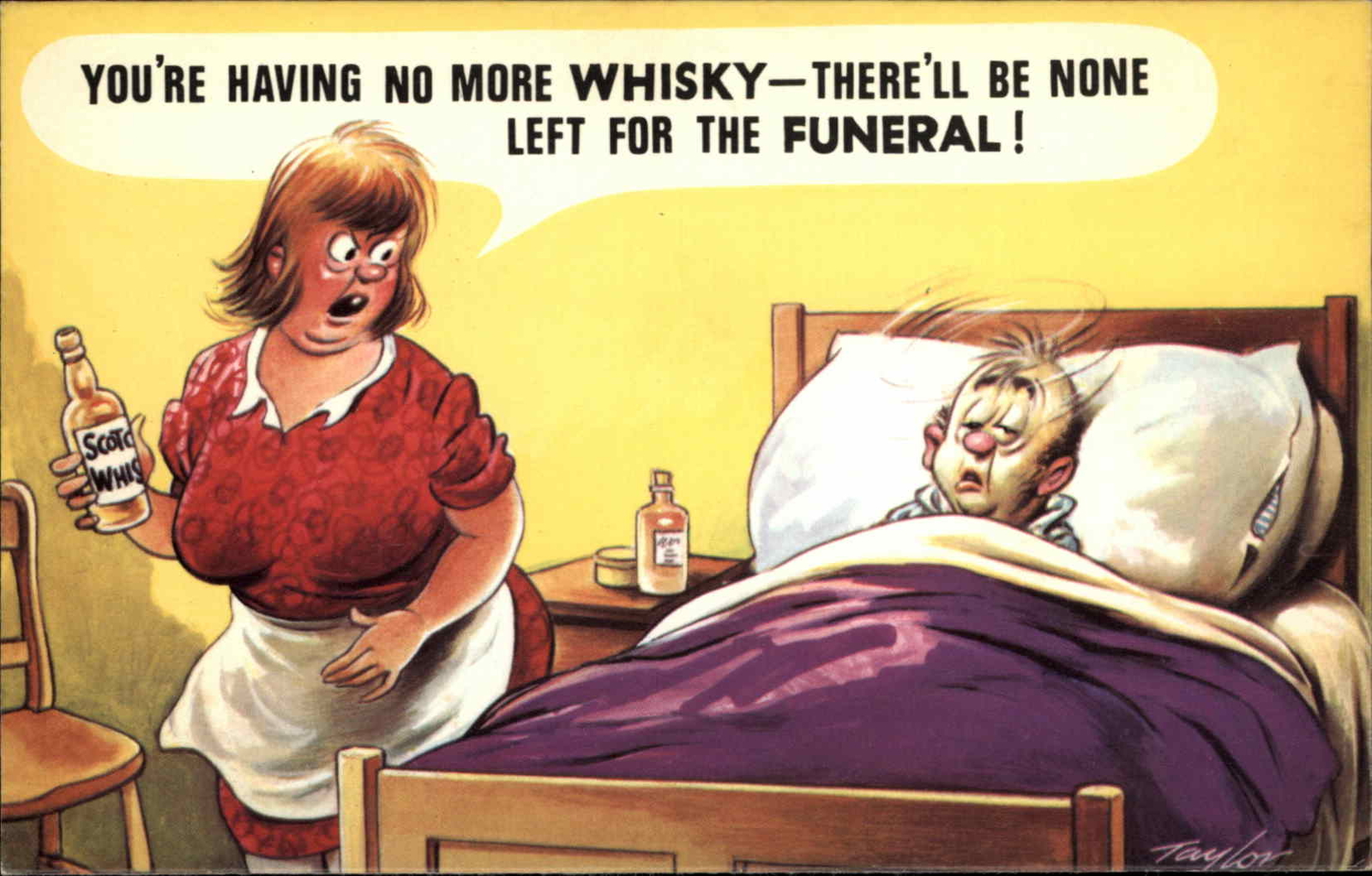 Bamforth Comic Angry Housewife Sick Husband No Whiskey Vintage Postcard