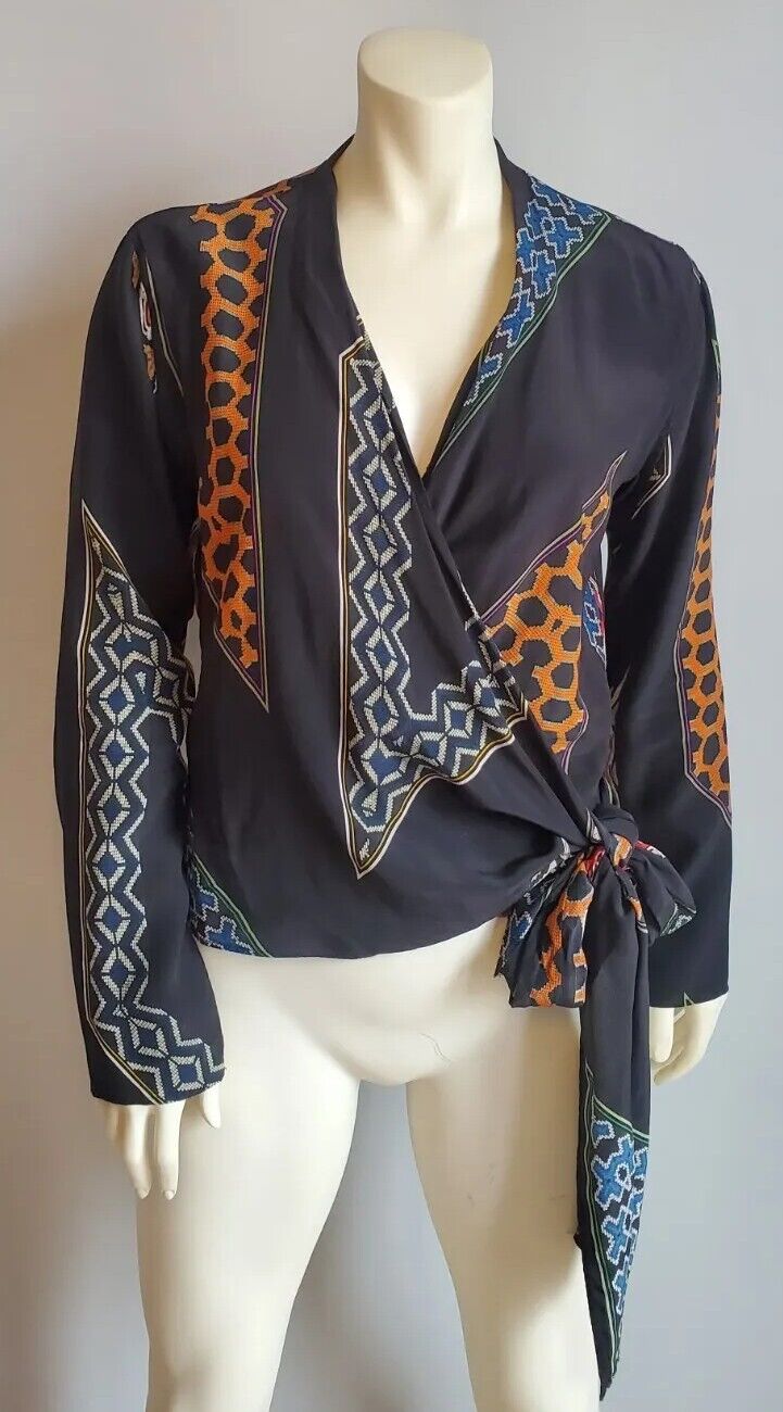 2013 ETRO Black silk animal African jungle wrap tie Blouse top shirt 48 12 L XL
