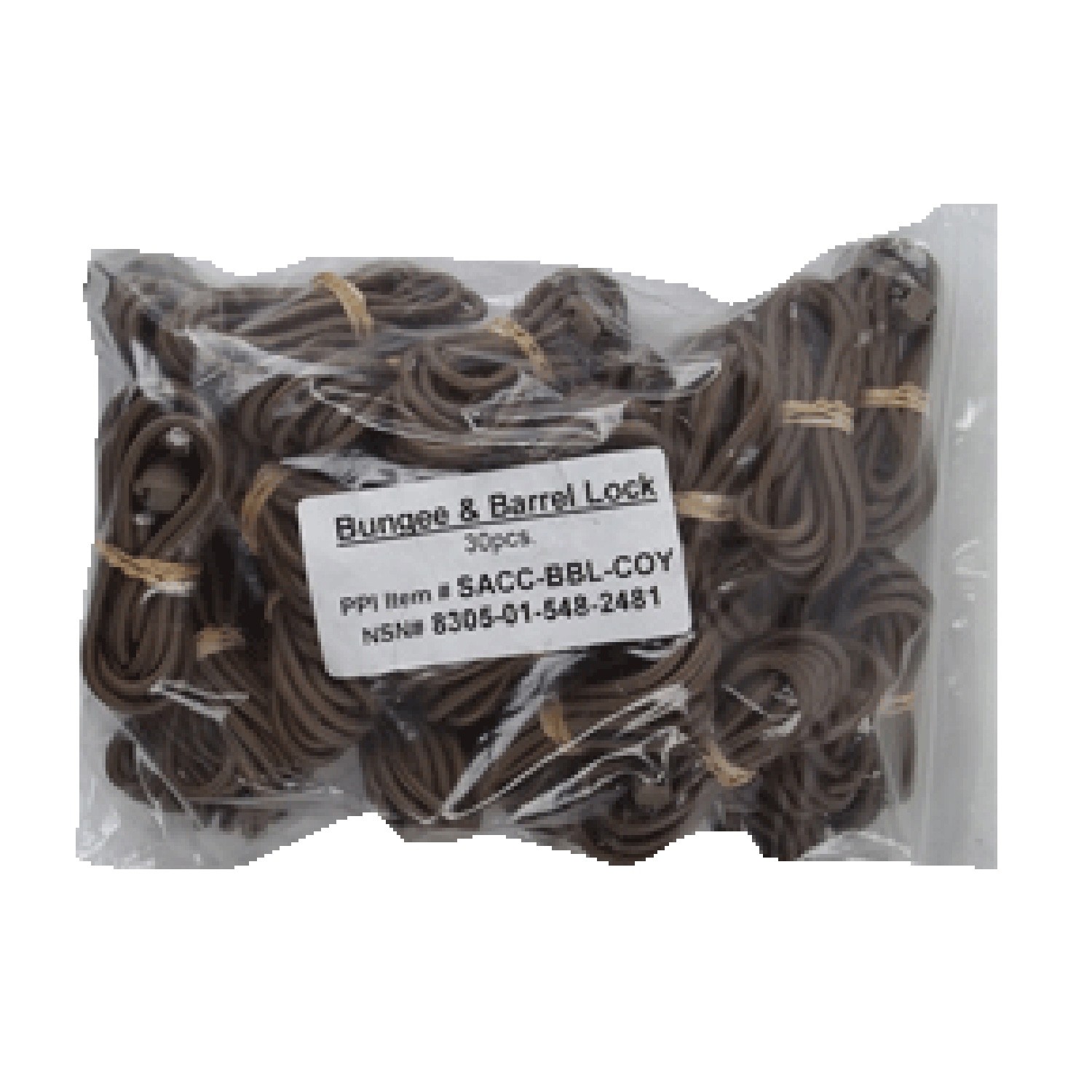 LOT OF 30 USGI BUNGEE CORDS AND BARREL LOCK SETS - COYOTE BROWN - NEW