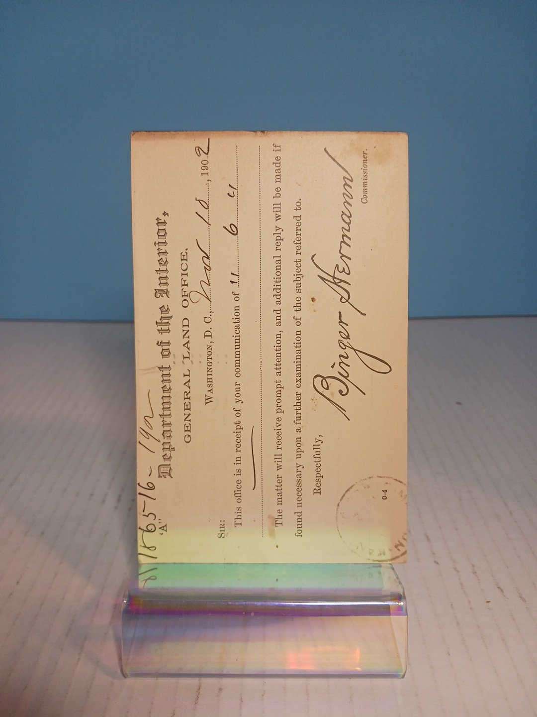 BINGER HERMANN - SIGNATURE Dept Of. Interior  1902. Postcard. 
