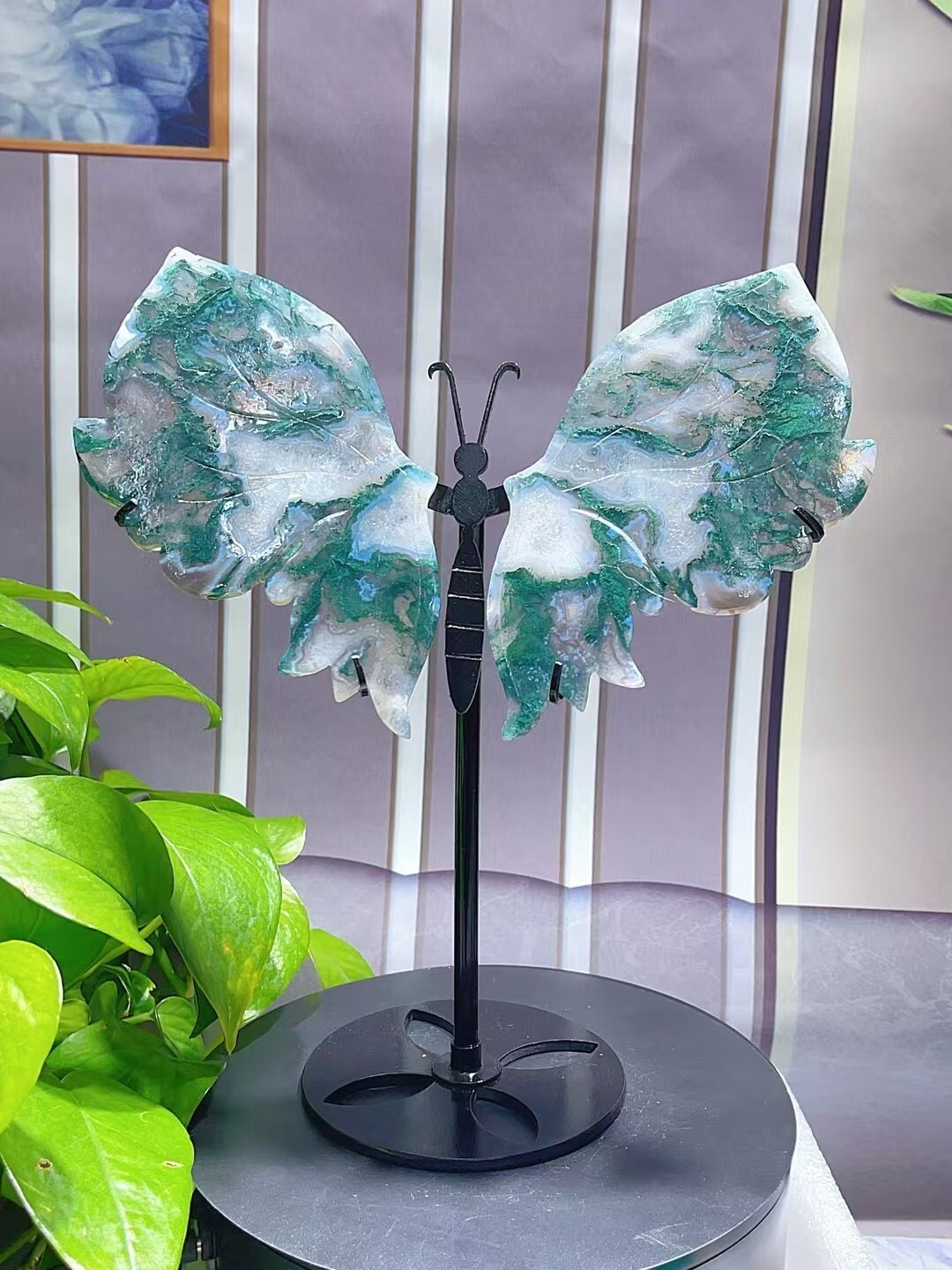 1pc  Natural moss agate butterfly wings Crystal wings carving Home decor
