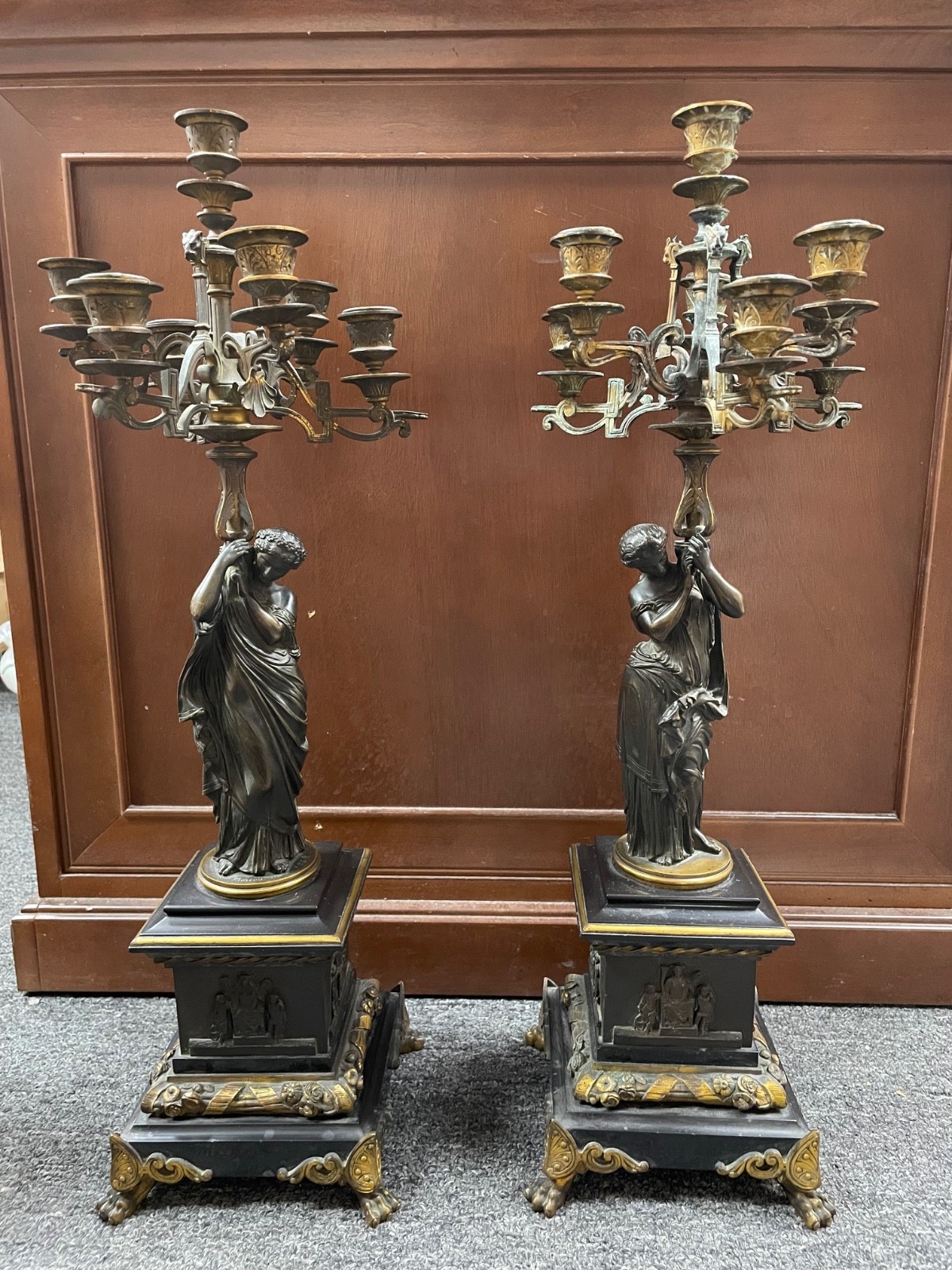 Antique 1850\'s Moreau Candlesticks. Bronze, Black Marble. Napoleon III