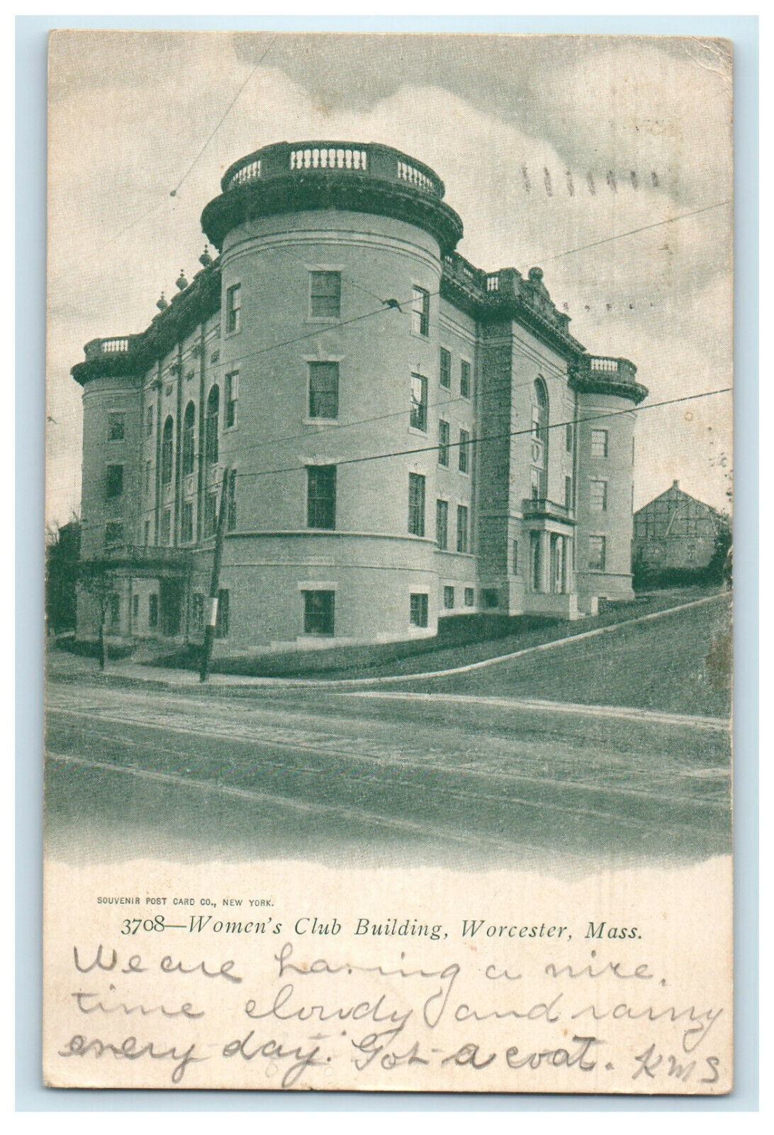 1905 Women's Club Building, Worcester MA Antique Posted Postcard