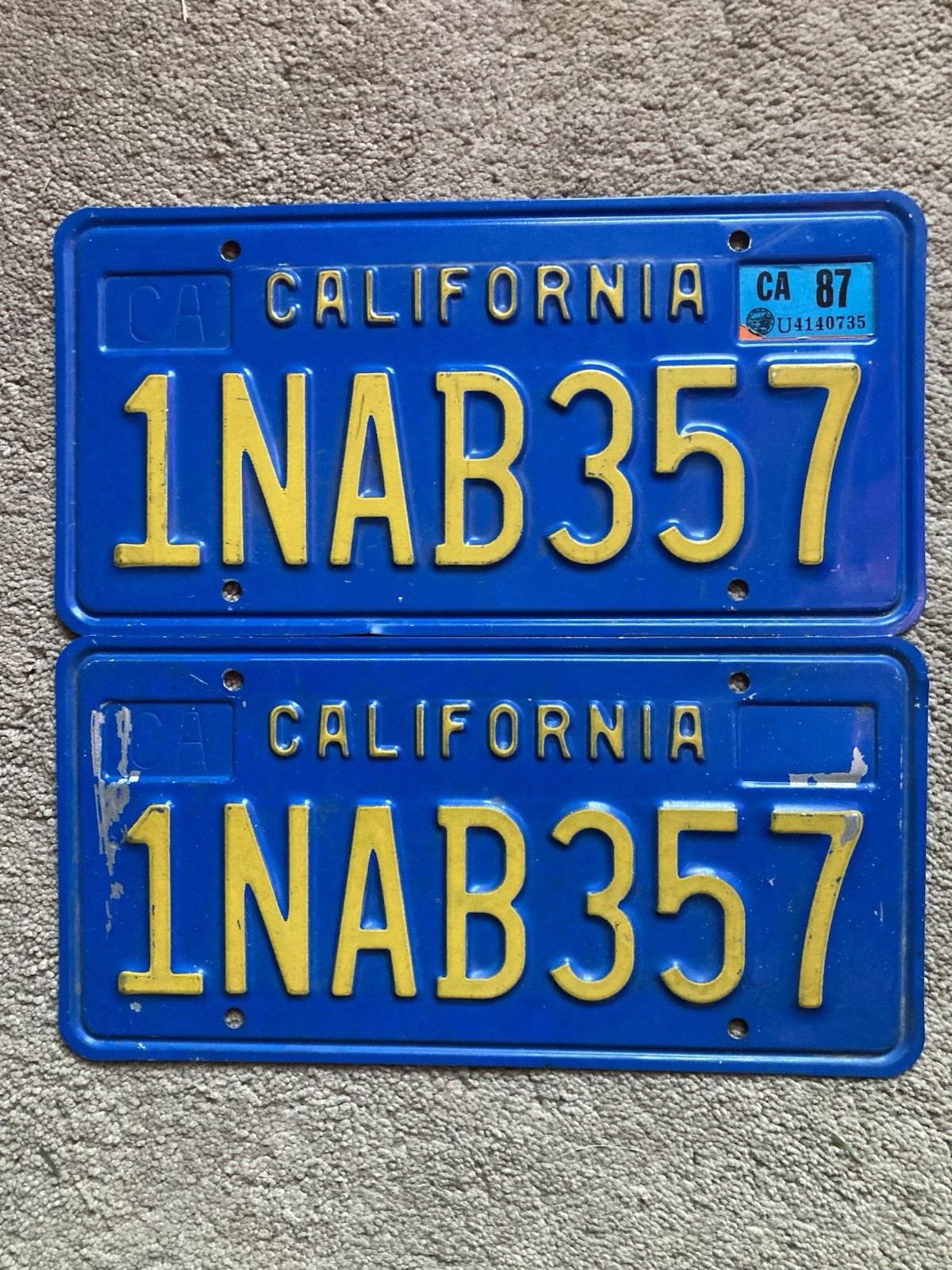Pair of 1987 California License Plates - 1NAB357 - Nice