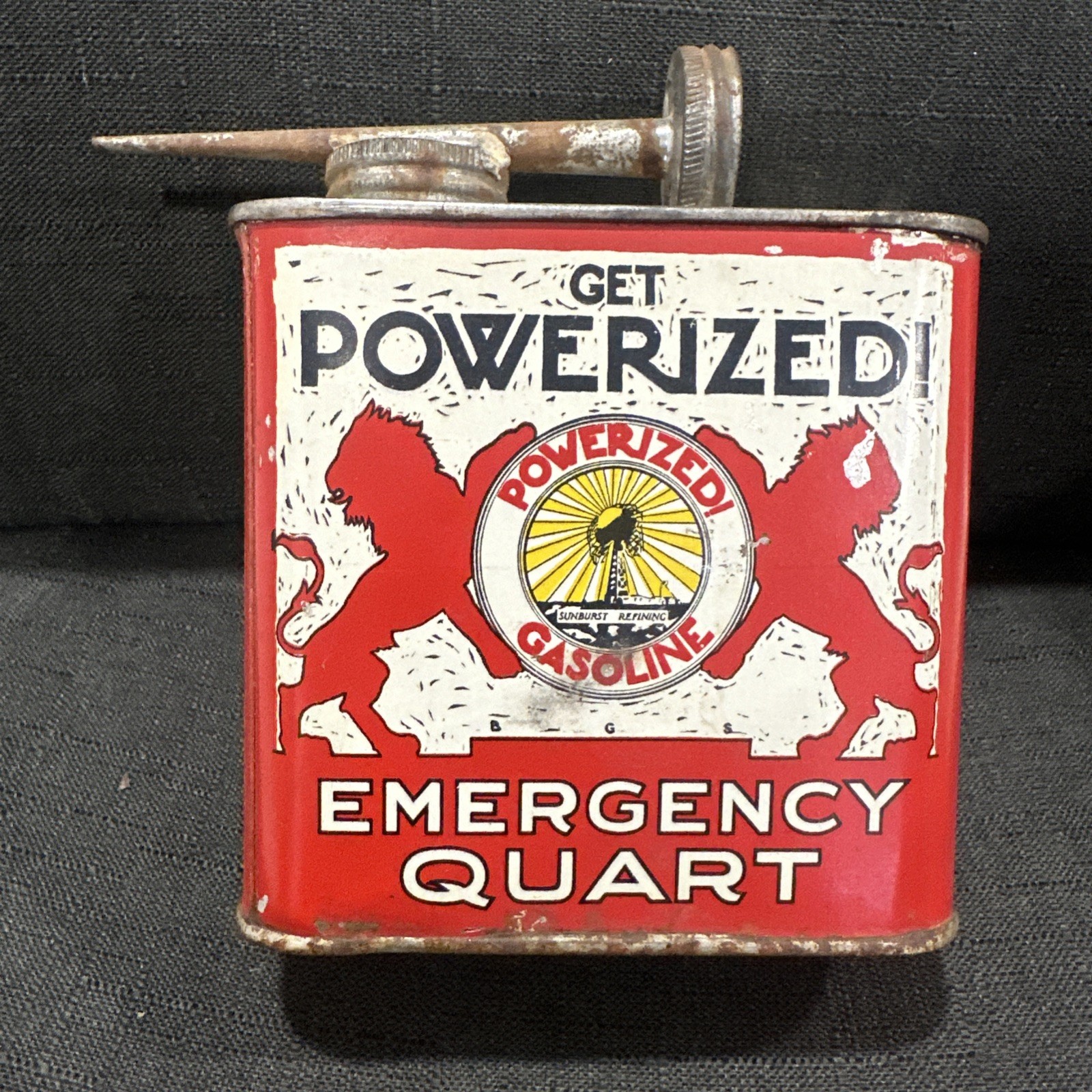 Vintage 1940’s Powerized Gasoline Emergency Quart Oil Can Sunburst Montana Rare