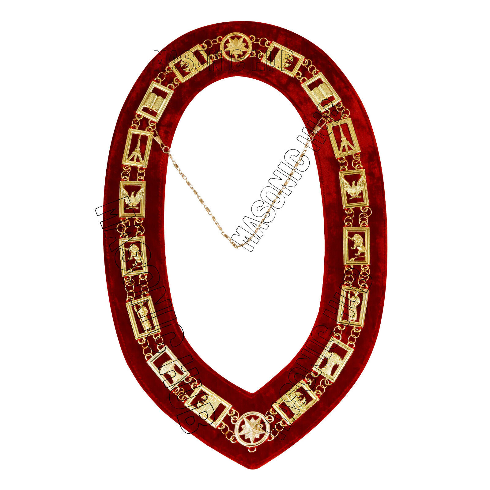 Masonic Heroines of Jericho Women's Chain Collar, HOJ COLLAR Red Backing - GOLD
