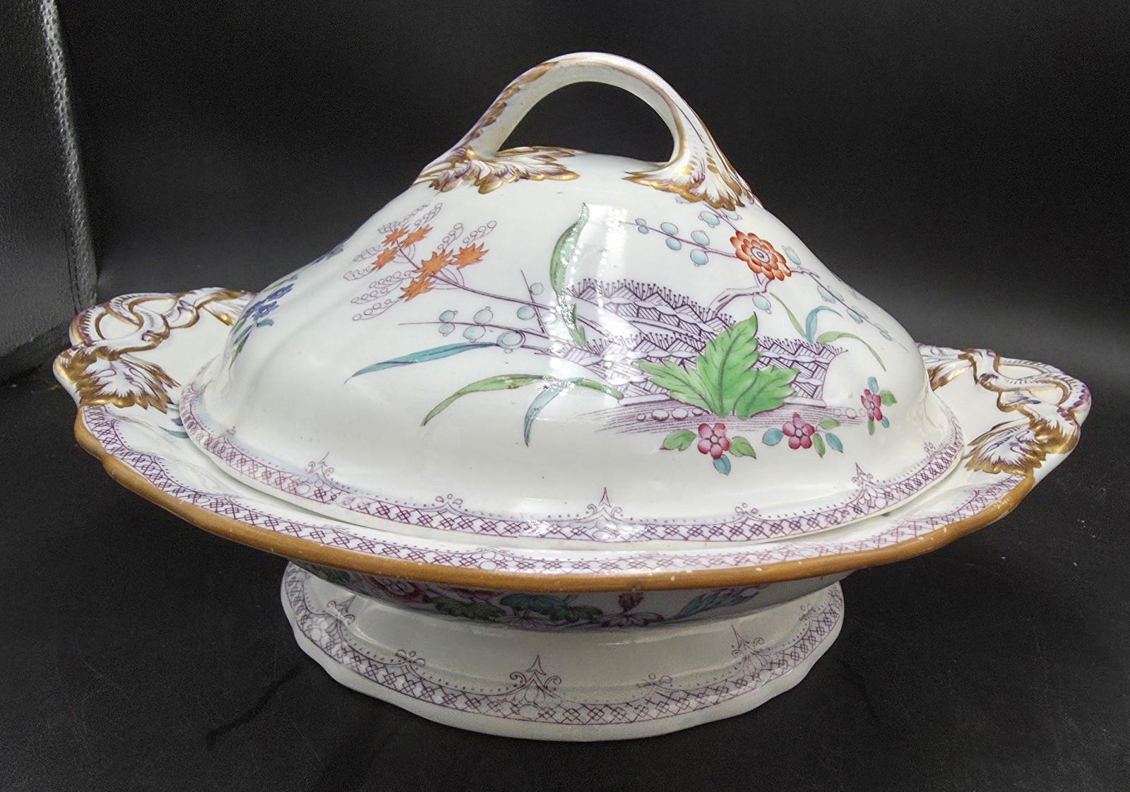  Rare 1840's Minton Mona BB New Stone Covered Tureen Chinoiserie Floral & Birds