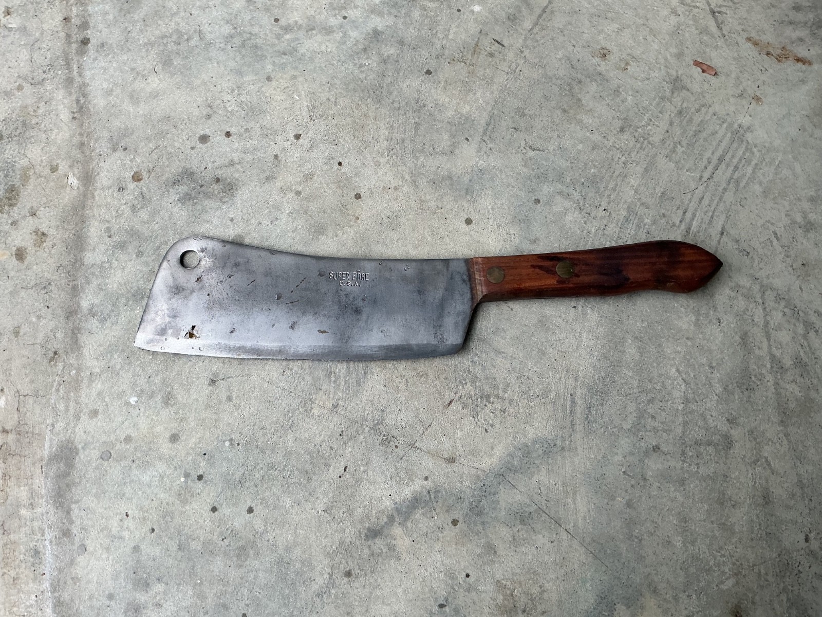 Vintage Utica Super Edge USA Meat Cleaver Chopper Knife Wood Handle Superedge