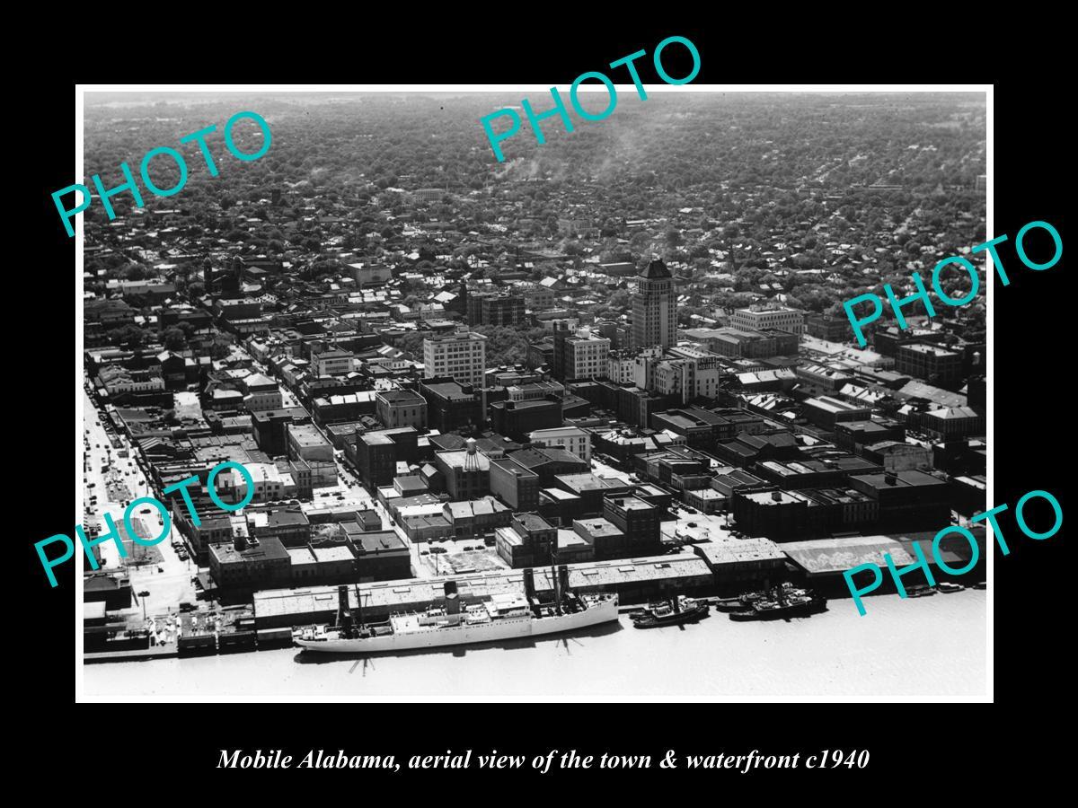 OLD LARGE HISTORIC PHOTO OF MOBILE ALABAMA AERIAL VIEW OF CITY WATERFRONT c1940