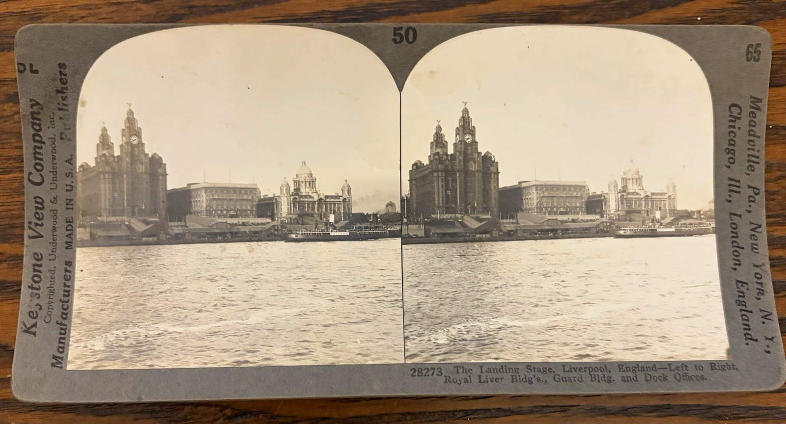 Antique Stereoview Card, Liverpool Waterfront, Royal Liver Building, Keystone 