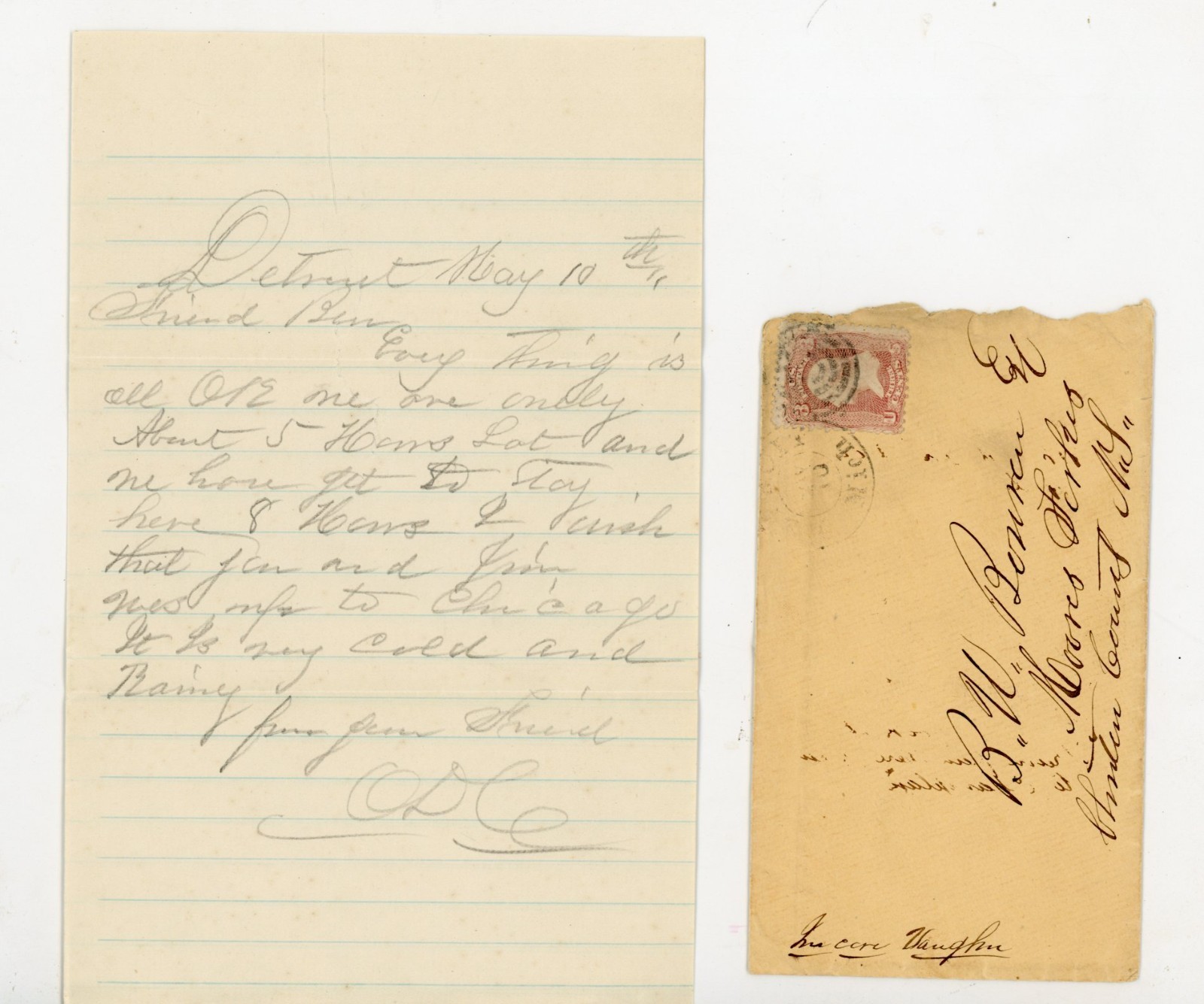Antique 1910s Detroit MI to Moores Forks NY Letter & Envelope Stamp Chicago