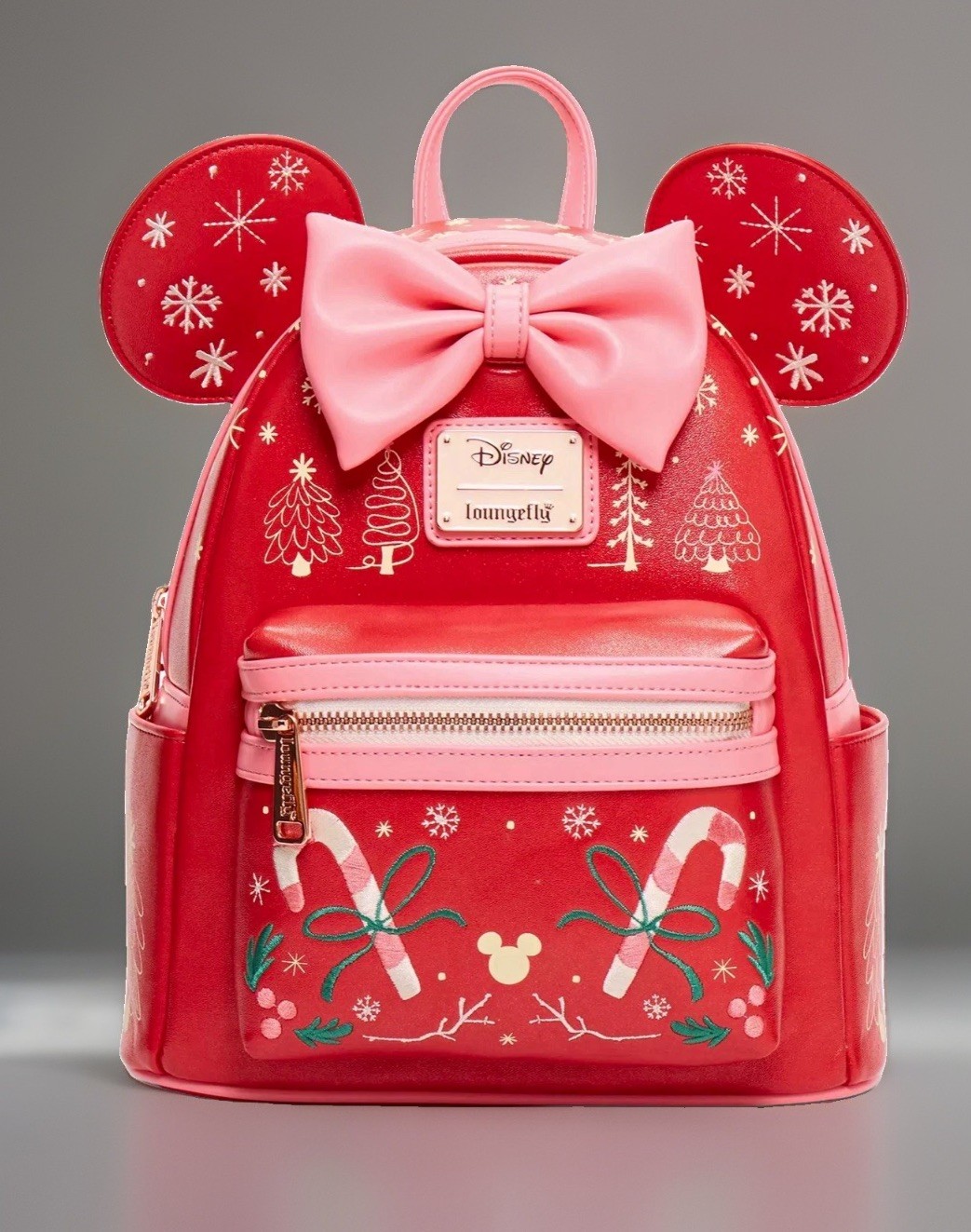 Loungefly Disney Minnie Mouse Candy-Cane Holiday Bow Mini Backpack Red Pink
