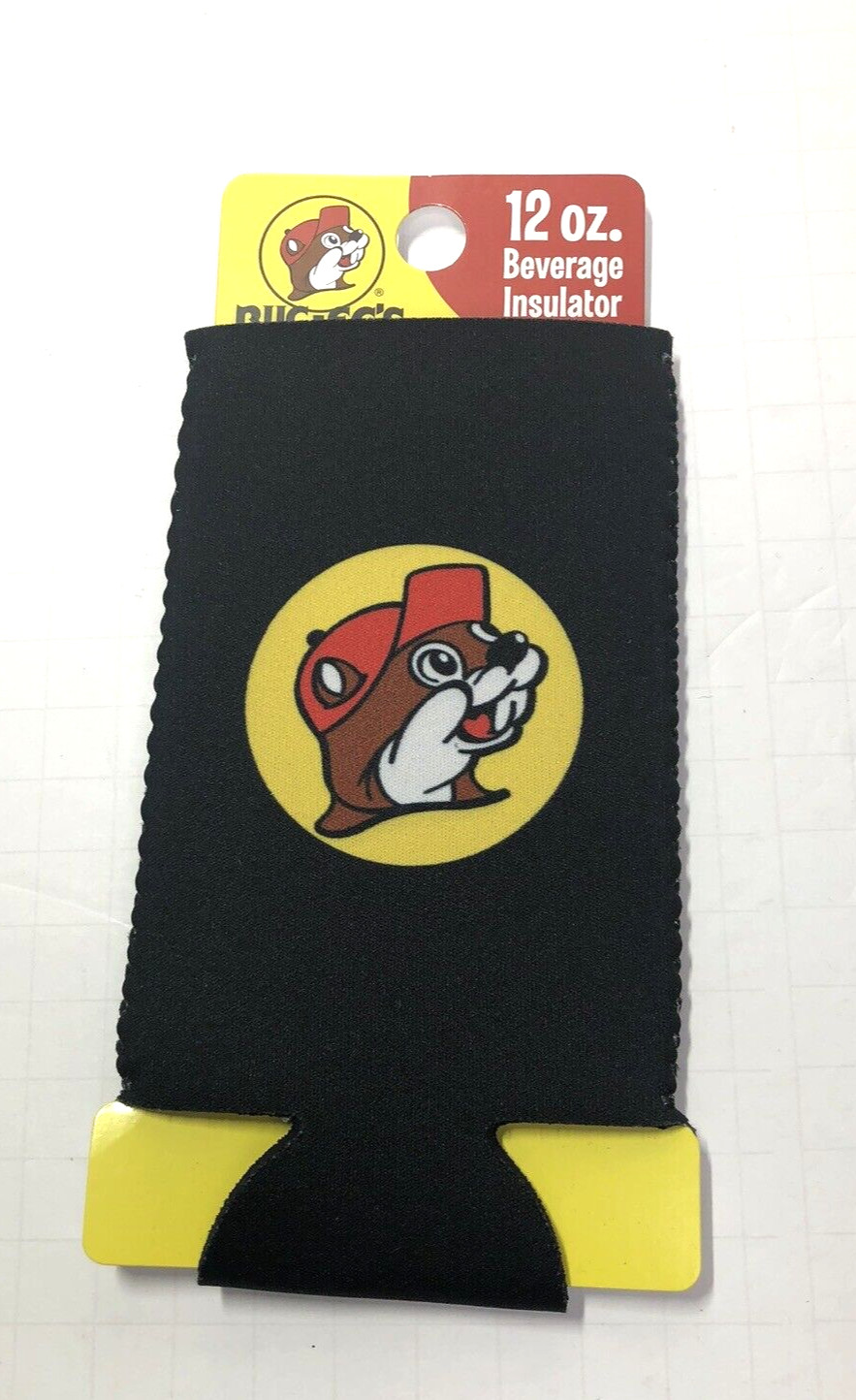 Buc-ee's Travel Center Black Slim Can Insulator New Bucky Beaver Logo 12oz
