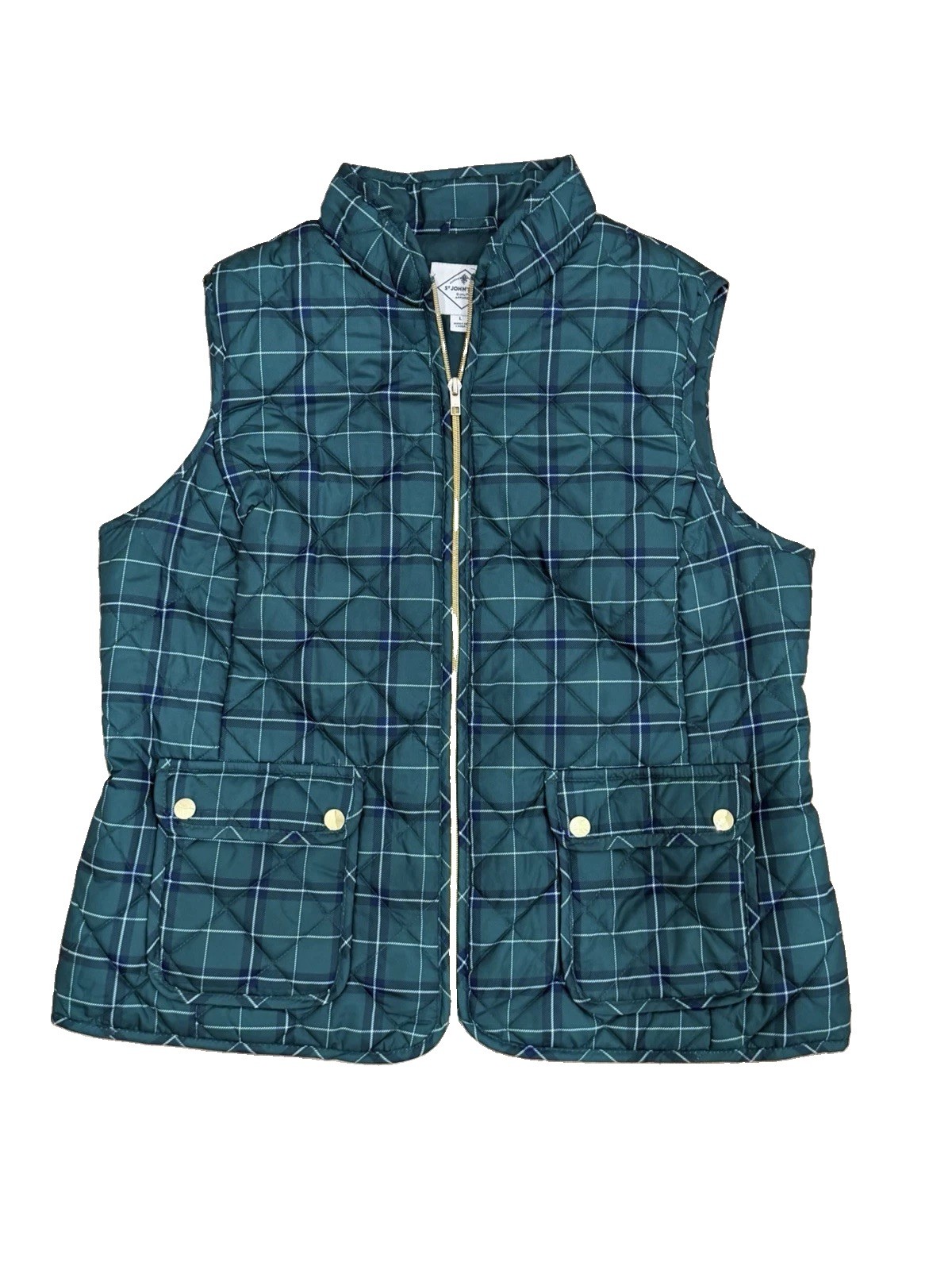 St. John’s Bay Women’s Large Green Navy Plaid Quilted Vest Gold Zip Preppy