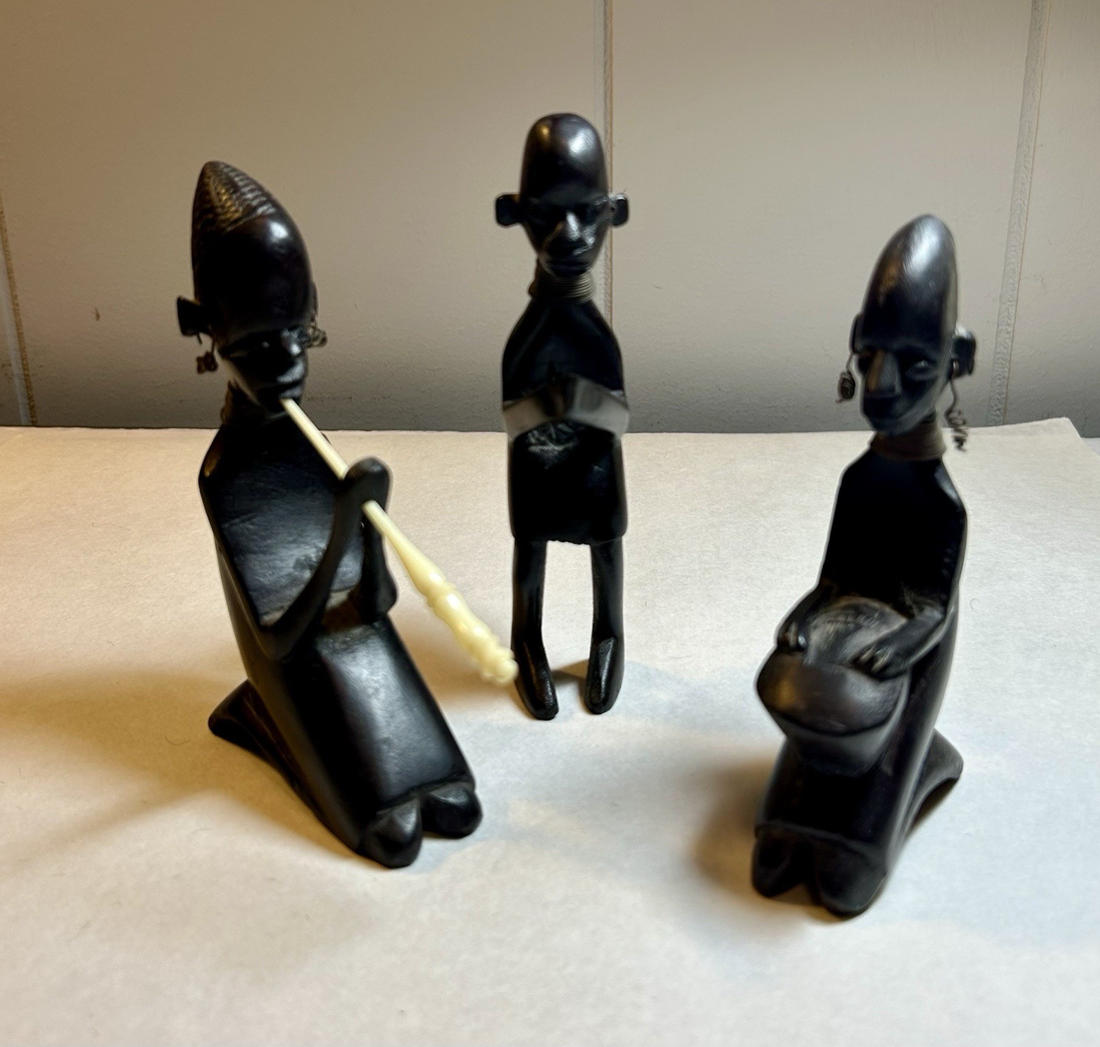 Vtg 3 Hand Carved Ebony Wood Africian Musician figures-5-6\