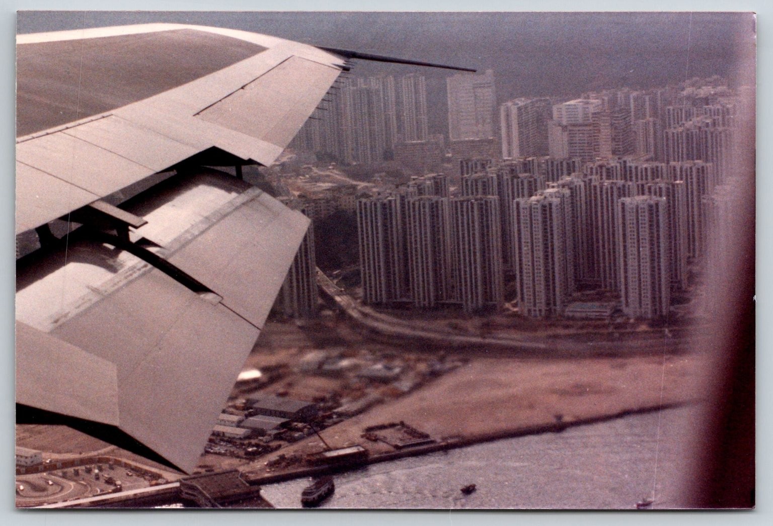 Airplane Wing Cityscape 1980s Snapshot Photograph Aerial View Travel