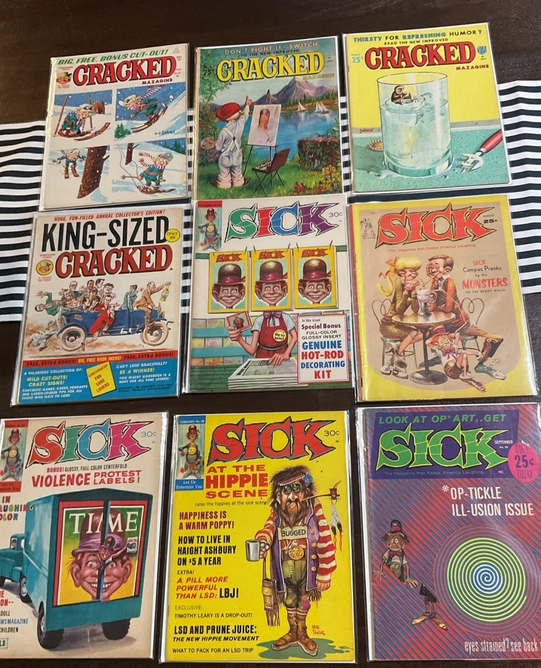 1960s-70’s Sick, Cracked Magazine Lot Of 9 FINE Condition Satire Hippie Culture