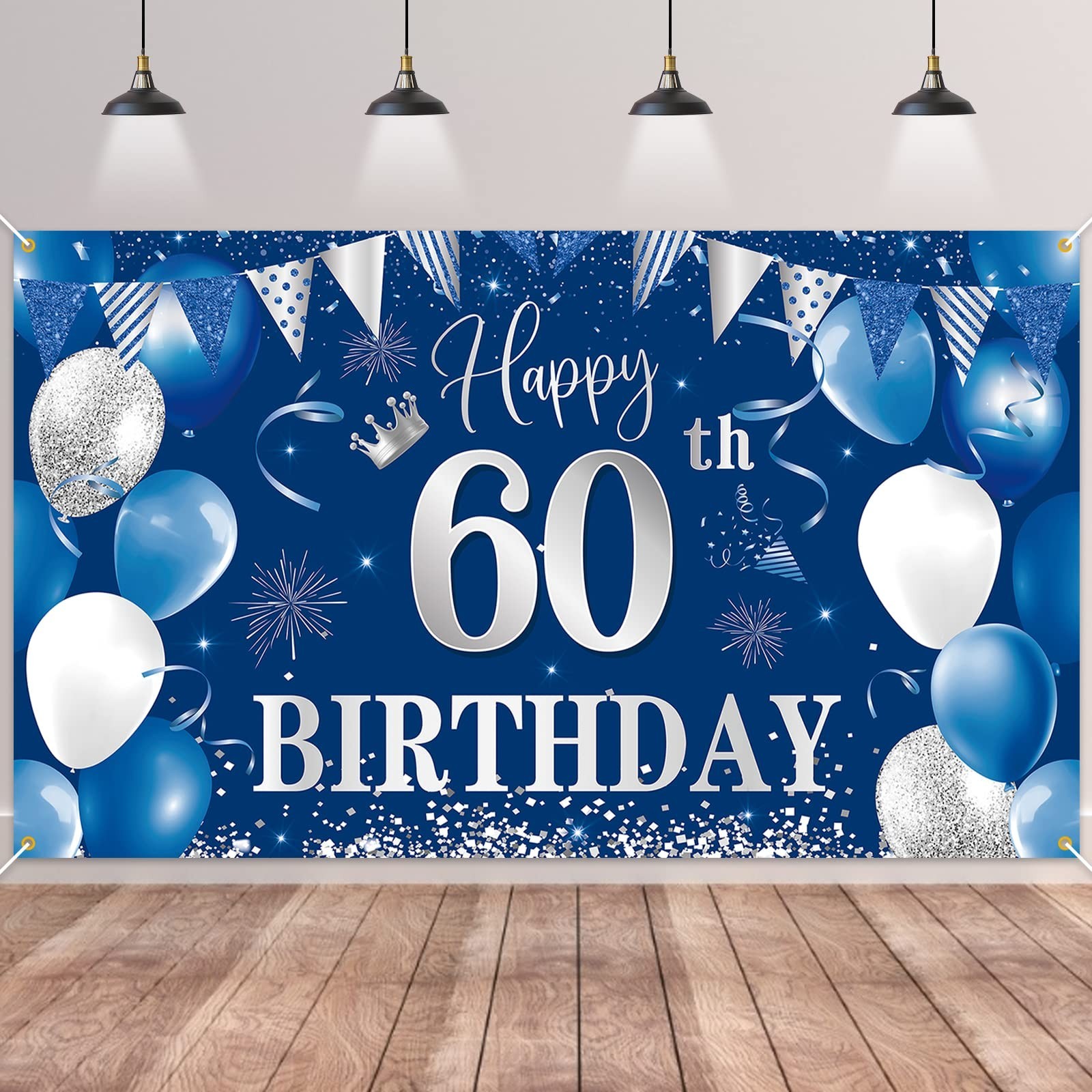 60th Birthday Banner Backdrop,BTZO Happy 60th Birthday Decorations,Blue Silve...