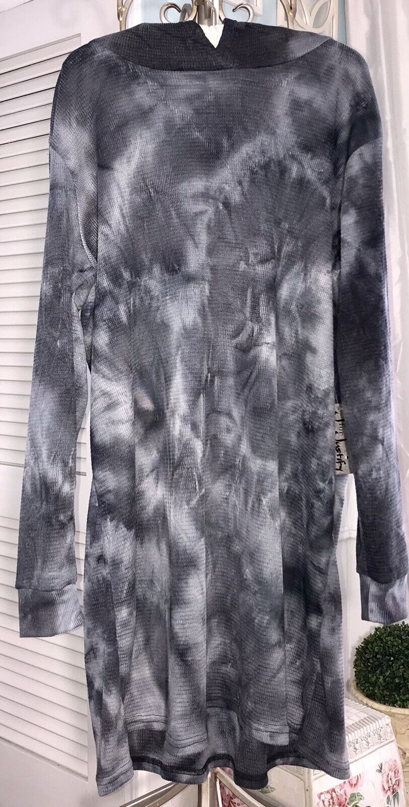 NEW Plus Size 1X Black Gray Dress Tie Dye Waffle Knit Hood Tunic Top