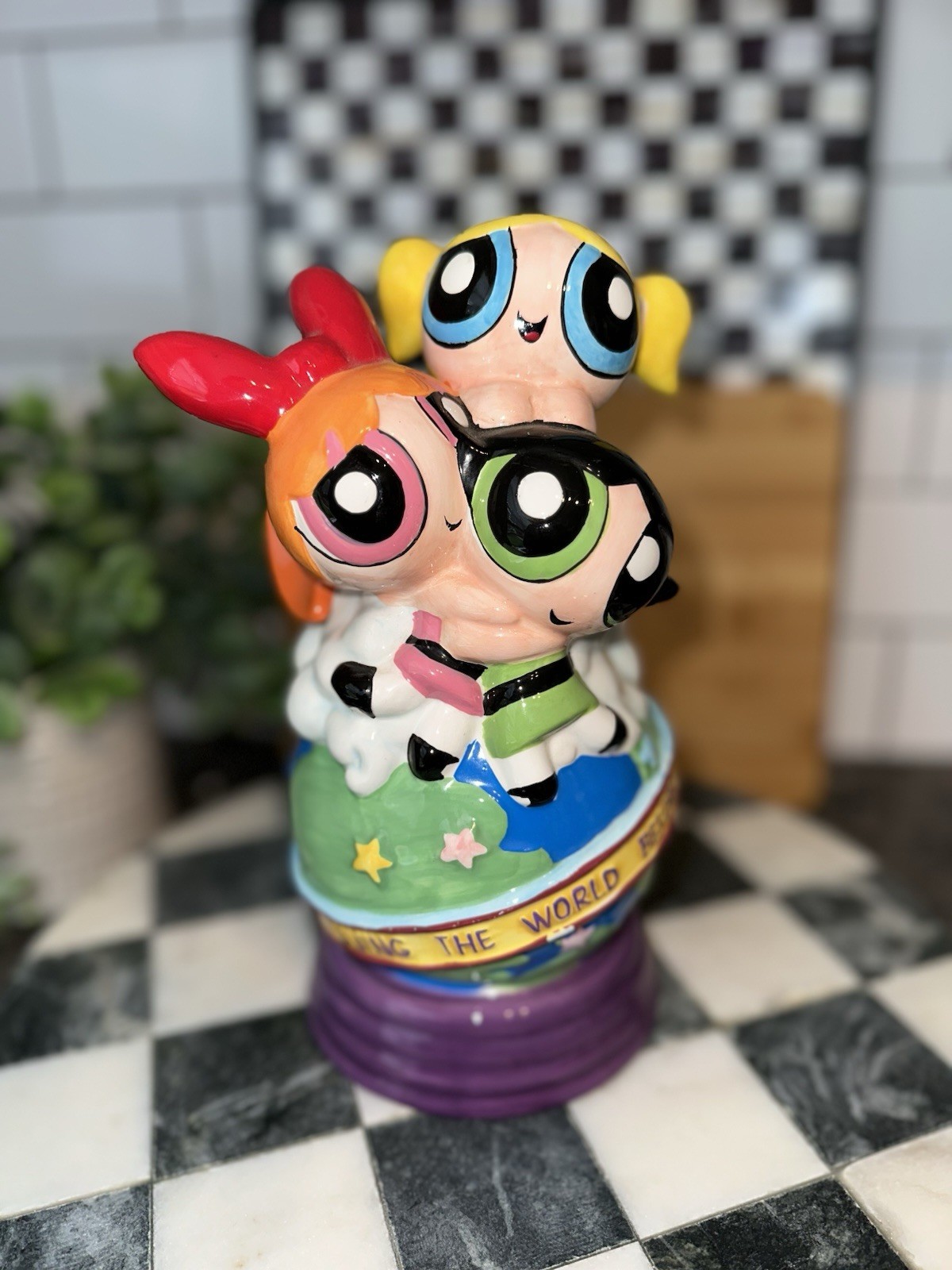 Powerpuff Girls Ceramic Coin Bank Saving the World Before Bedtime 9” NWOT Vtg