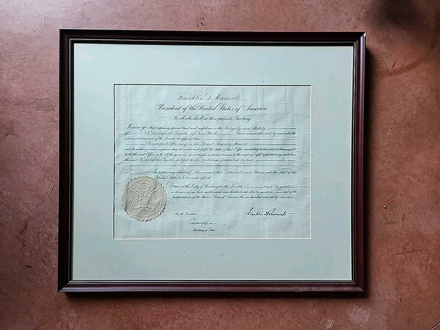 Original Franklin D. Roosevelt  Government Appointment NY STATE DELAFIELD