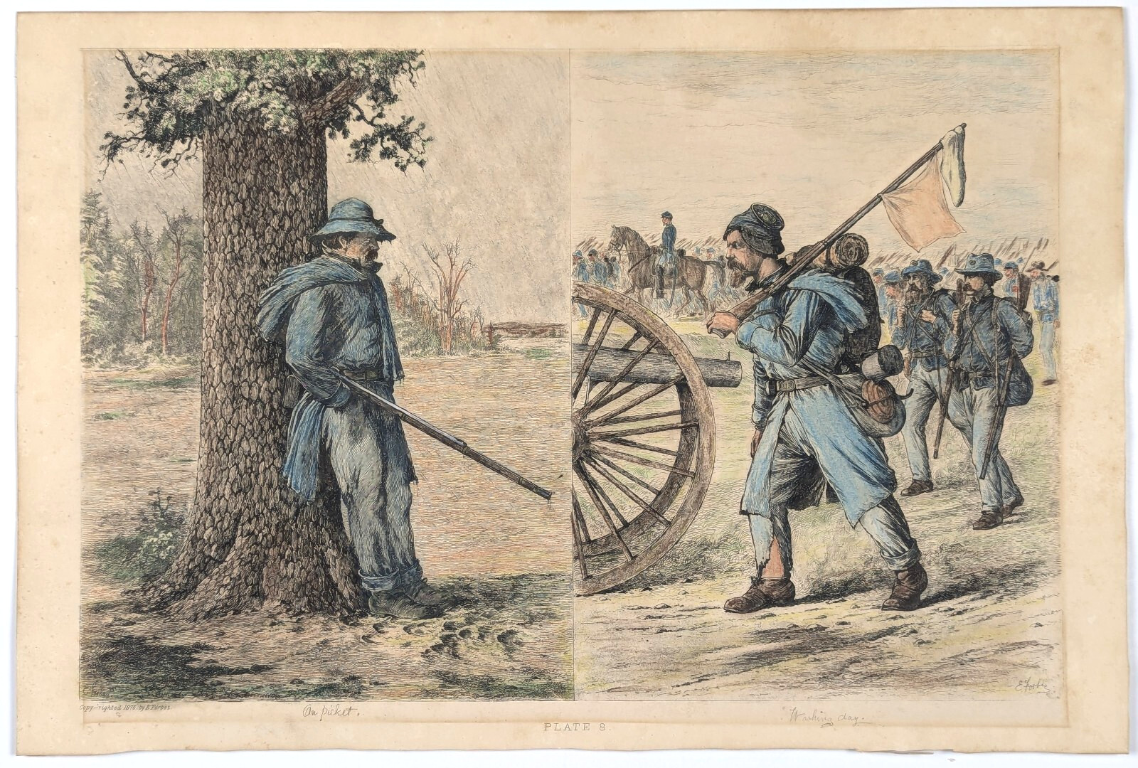 CIVIL WAR - 1876 Edwin Forbes Original Antique Hand Colored Etching Print ACW