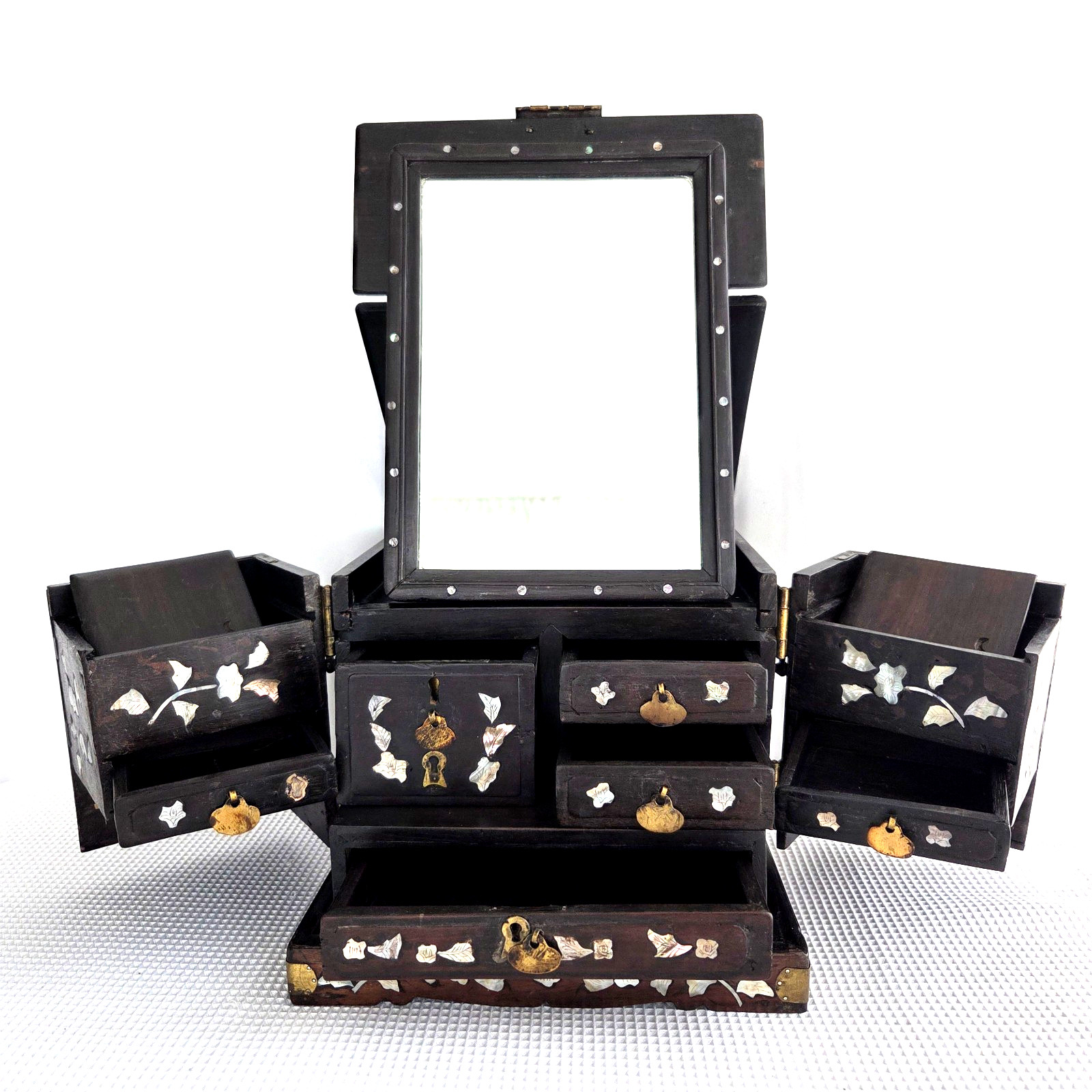 Antique 1800s Wooden Fold Out Mirror Vanity Dressing Chest Mother of Pearl Inlay
