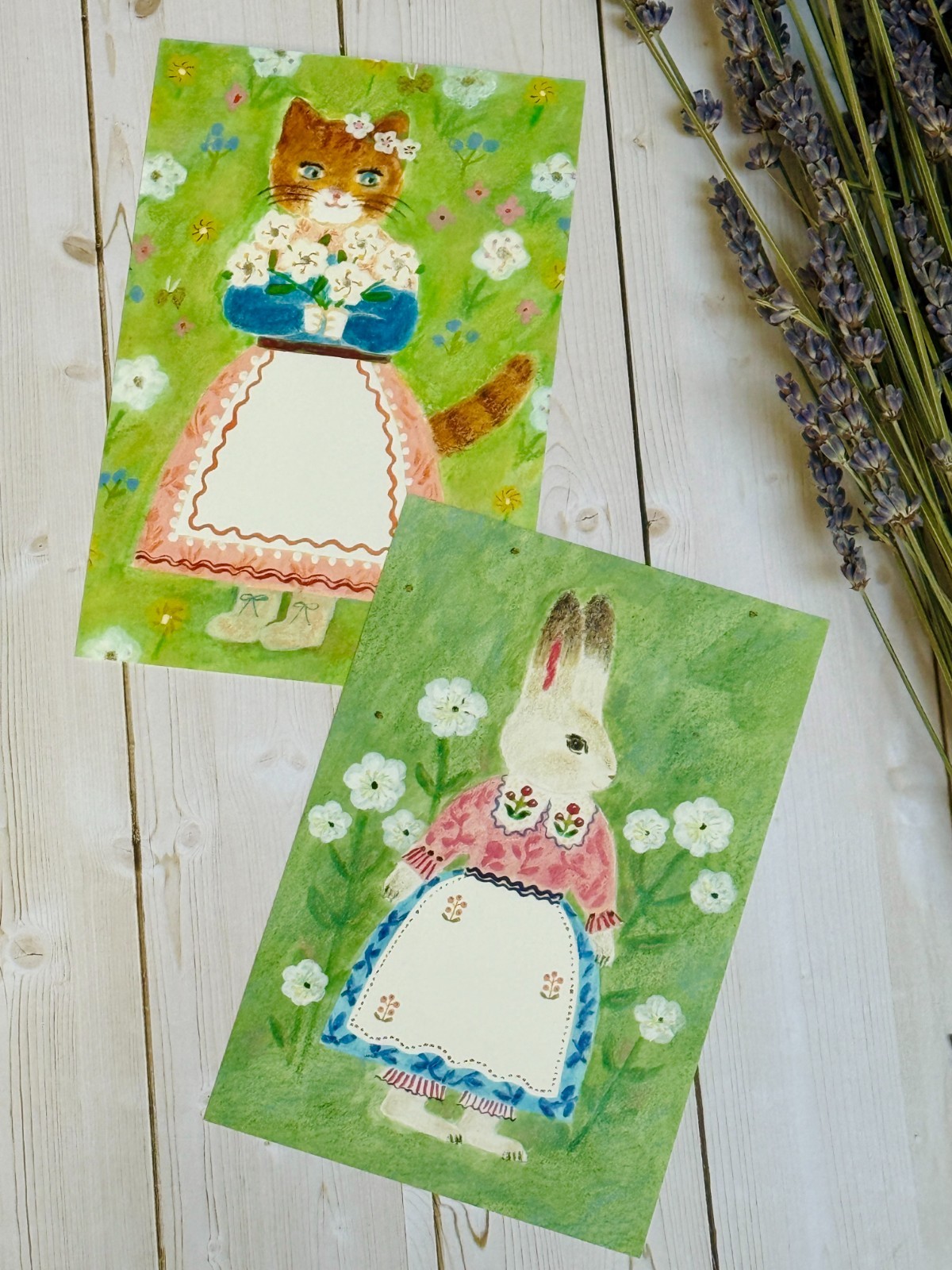 Japan Postcards Set of 2 Cute Cat & Bunny Flower Aiko Fukawa Cozyca Art Cards