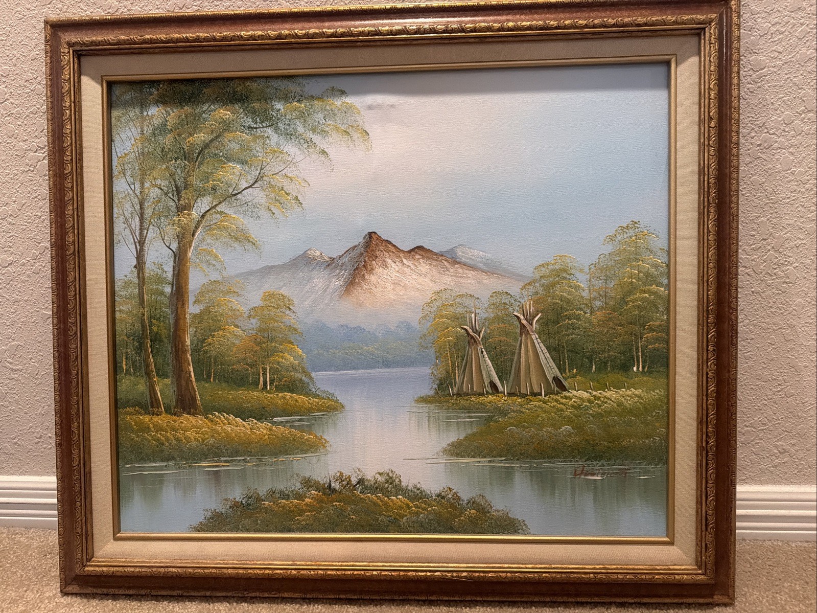 Vintage Signed Native American Inspired Landscape Painting 29x26